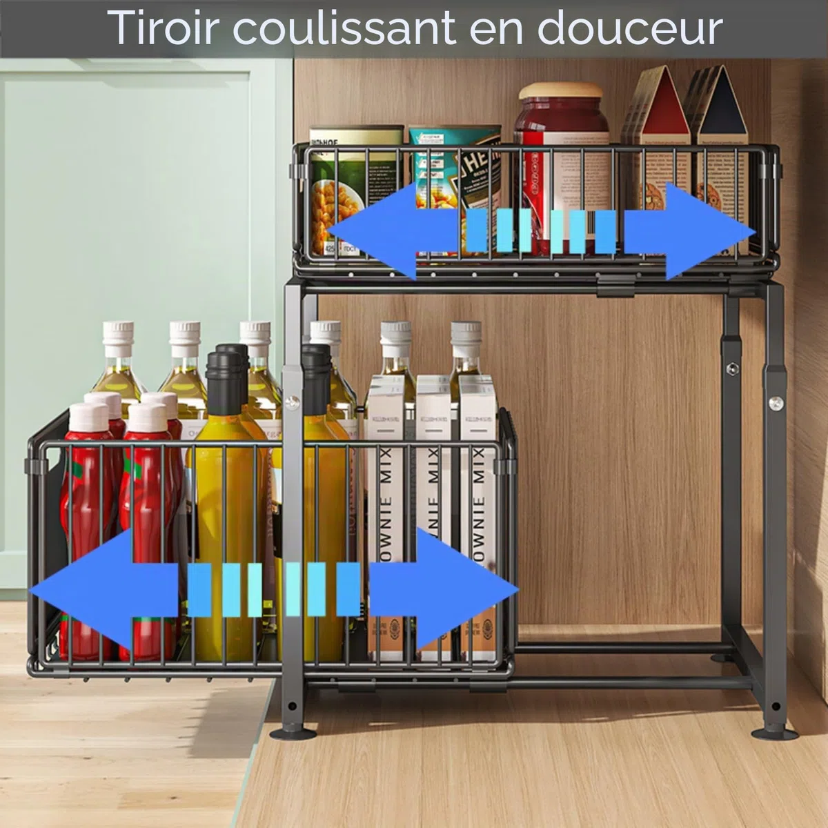 Étagère de Rangement Sous Évier en Métal 2 Niveaux, Tiroir Coulissant Organisateur Placard Cuisine Salle de Bain, Rangement Gain de Place Plan de Travail