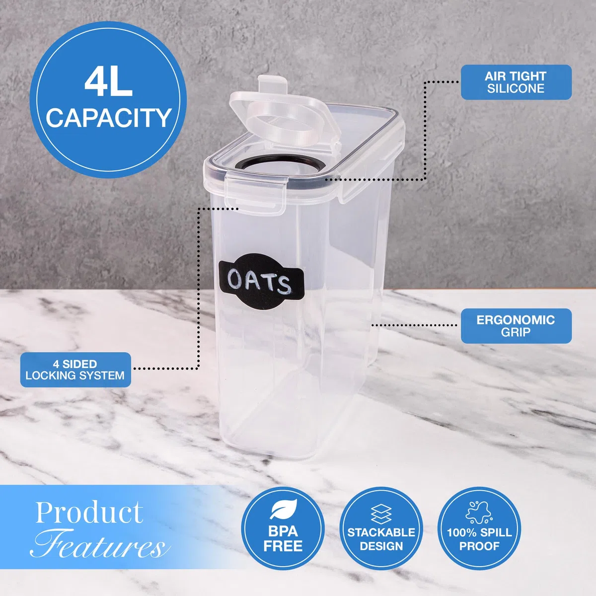 nuovva Lot de 4 boîtes de conservation en plastique pour céréales - Distributeur de céréales pratique - Qualité alimentaire et sans BPA - Durable et facile à utiliser - Idéal pour les cornflakes