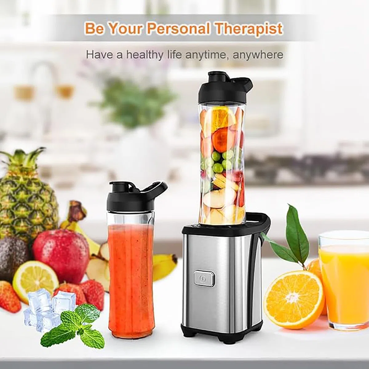 Blender Mixeur, Mini Blender Smoothie 350W avec 2 Bouteilles Portables 600ml, Lames en Acier Inox, Mixeur Portable avec Bouton One Touch, Verrouillage Sécurité, Facile Nettoyer