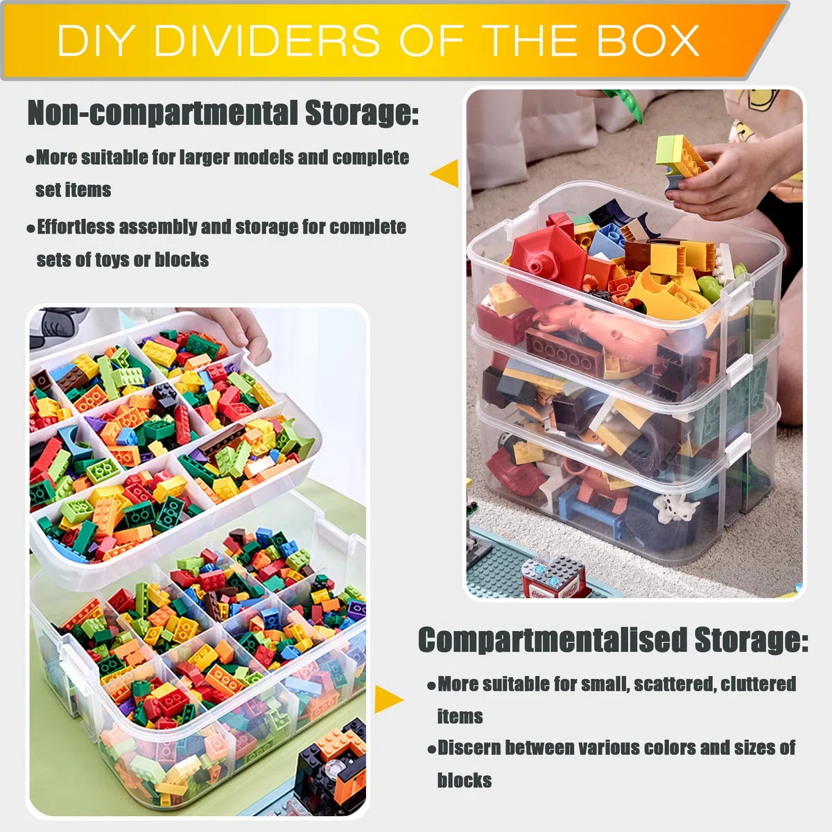WillingHeart Boite Rangement Plastique pour Lego Briques Coffre A Jouet Enfant avec Couvercle Grande Malette Transparente Caisse 3 Couches Empilable Compartiment Chambre Casier Etanche Storage Box
