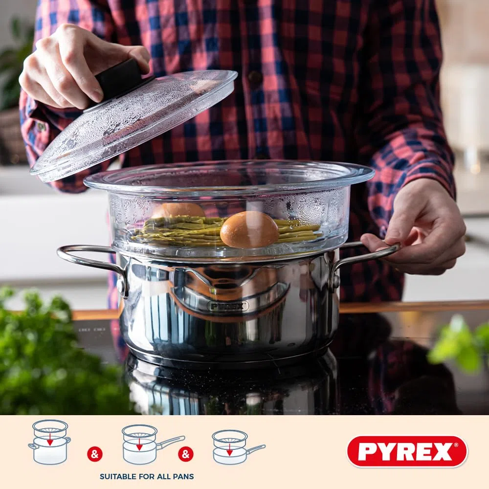 Pyrex - Paniers vapeur 20cm et son Couvercle avec bouton - Lot ou unité - Verre Borosilicate - Made in France (Double - 20 cm)