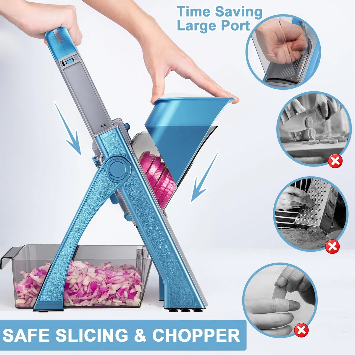 SupMaKin Mandoline de Cuisine Safety Slicer Manuelle Multifonction Tous Coupe Légumes Lame en acier inoxydable, Julienne, Cubes, Fcoupe Patate Frite carotte, Euroshopping -bleu ciel