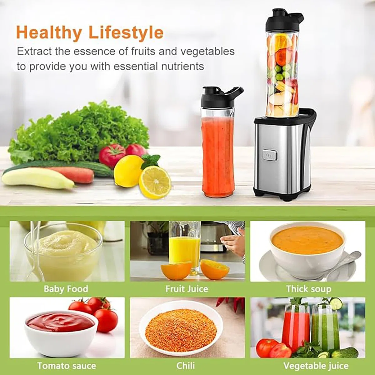 Blender Mixeur, Mini Blender Smoothie 350W avec 2 Bouteilles Portables 600ml, Lames en Acier Inox, Mixeur Portable avec Bouton One Touch, Verrouillage Sécurité, Facile Nettoyer