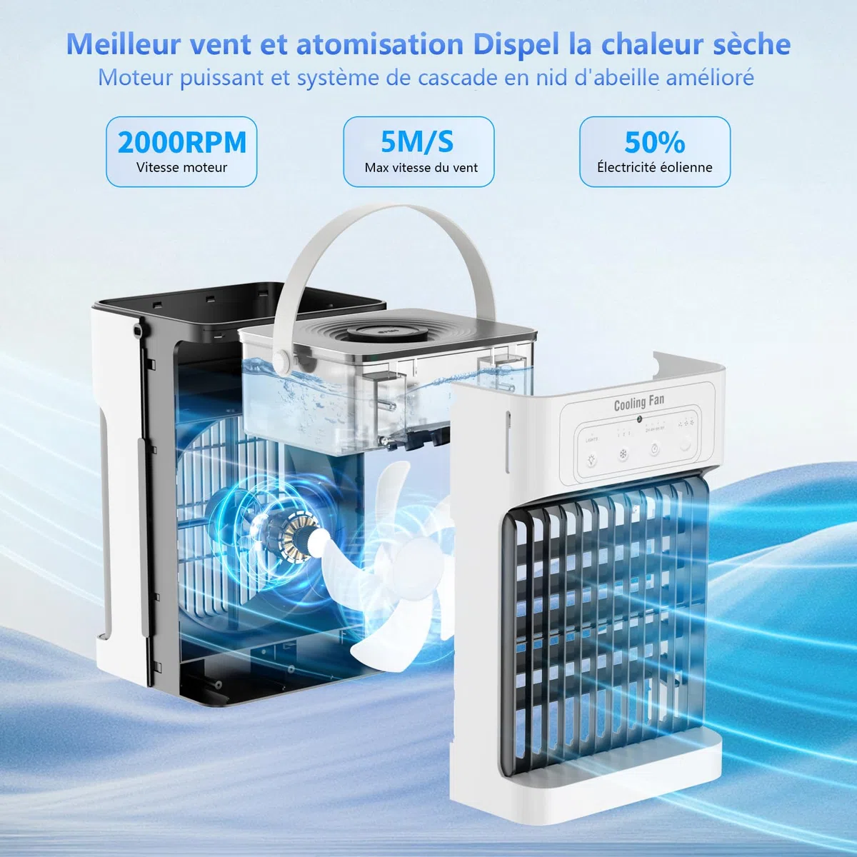 Portable Climatiseur Mobile, 1100ML Rafraichisseur d'air avec 3 Vitesses d'air & 3 Brumes de Refroidissement, 2-8H Timer & 7 LED,USB Clim Mobile pour Chambres,Appartements et Bureaux
