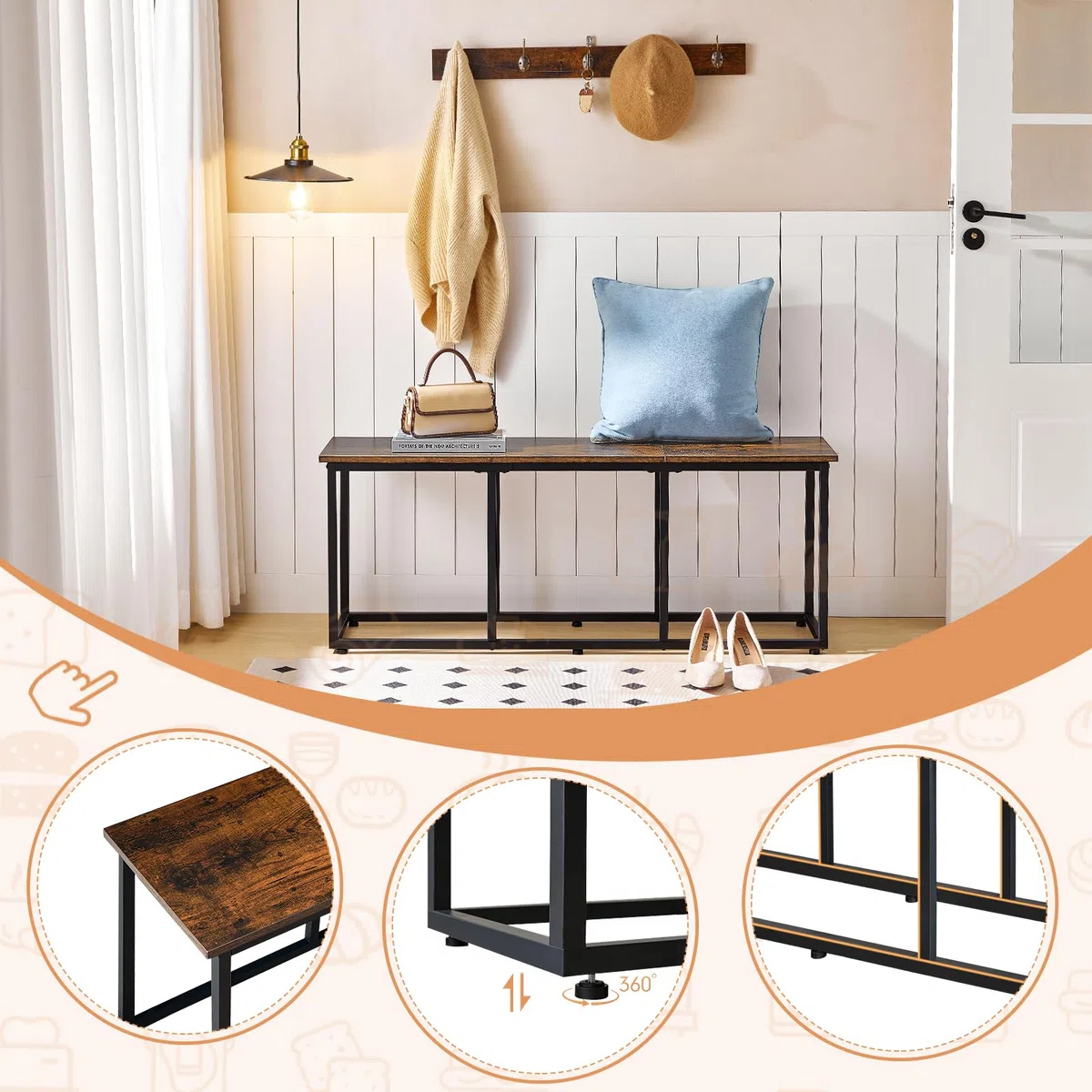 HOOBRO Banc de Cuisine Long de 120 cm, Banc à Chaussures Industriel, Bout de lit, Chaise Longue pour Salle à Manger, entrée, Chambre, Marron Rustique et Noir EBF45CD01