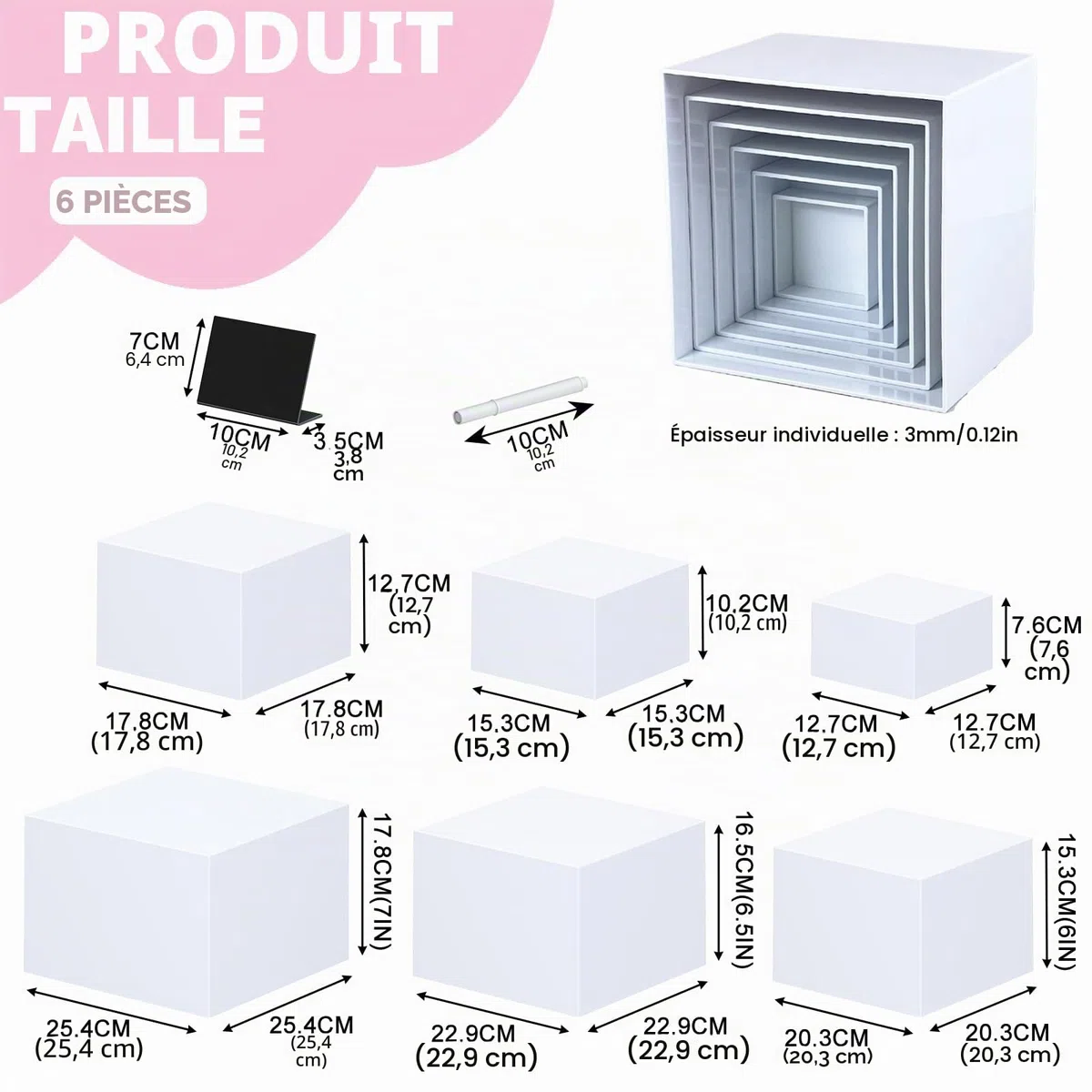 Afeeler Lot de 6 Presentoir Aperitif Buffet Cube, Présentoir a Gâteaux Acrylique avec fond creux, Supports de Buffet Mariage pour Traiteur Dessert Figurines Aliments (Blanc, 5-10in)
