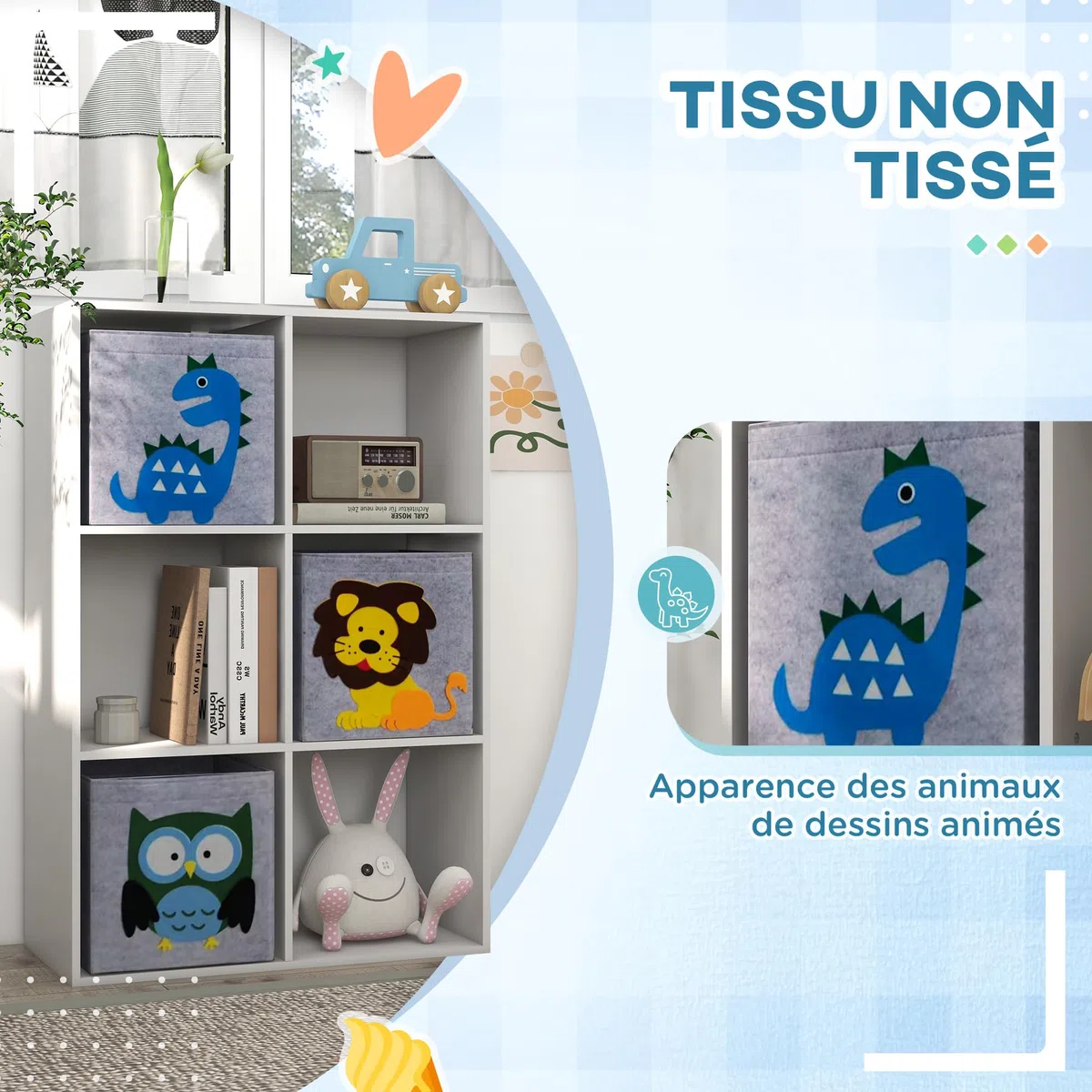ZONEKIZ Meuble de Rangement pour Enfant, étagère pour Chambre d'enfants, bibliothèque, 6 Cases, 3 Cubes paniers en Tissu Motif Animaux pour Salle de Jeux, 62 x 30 x 91,5 cm, Blanc