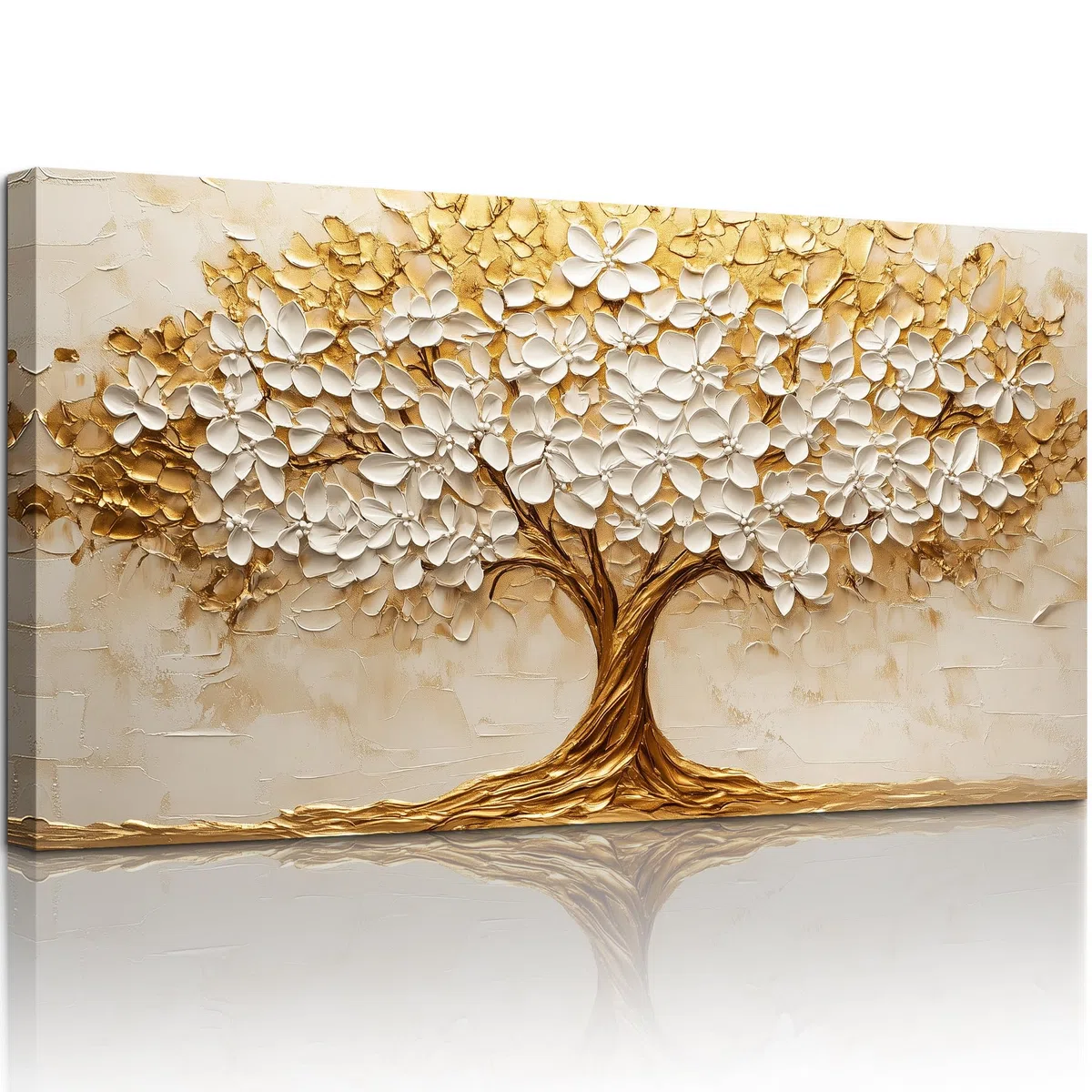 MHARTK66 Tableau Decoration Murale Salon Moderne, 50x100 cm Grand Impression sur Toile, Cadre Decoration Murale Arbres Dorés aux Fleurs Blanches, Décoration de Chambre Salle De Bain Maison Décorations