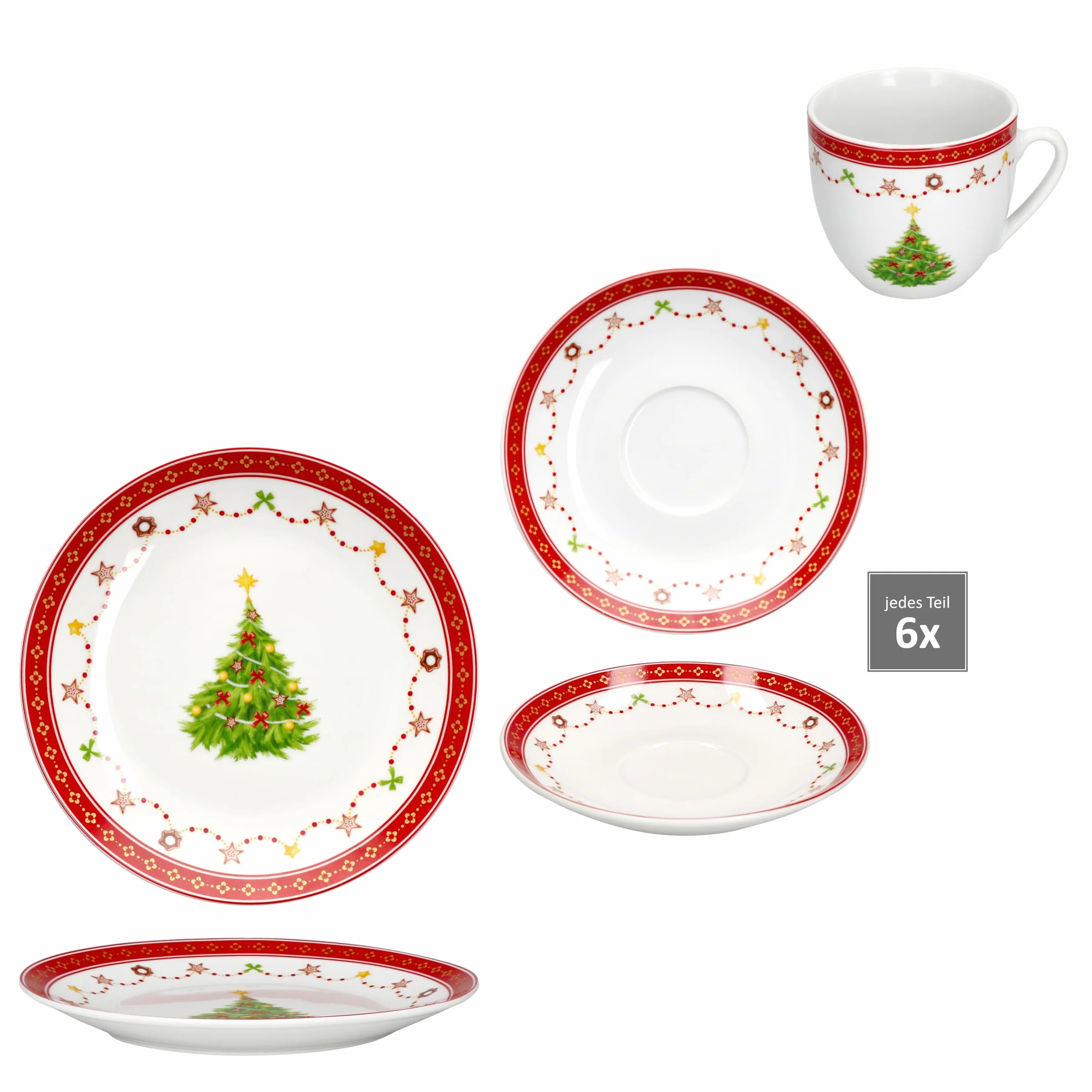 MamboCat Weihnachtstraum Service à café 18 pièces I Service à café en porcelaine pour 6 personnes avec décor de Noël I 6 tasses à café de 190 ml, soucoupes et assiettes à gâteau I Vaisselle pour Noël