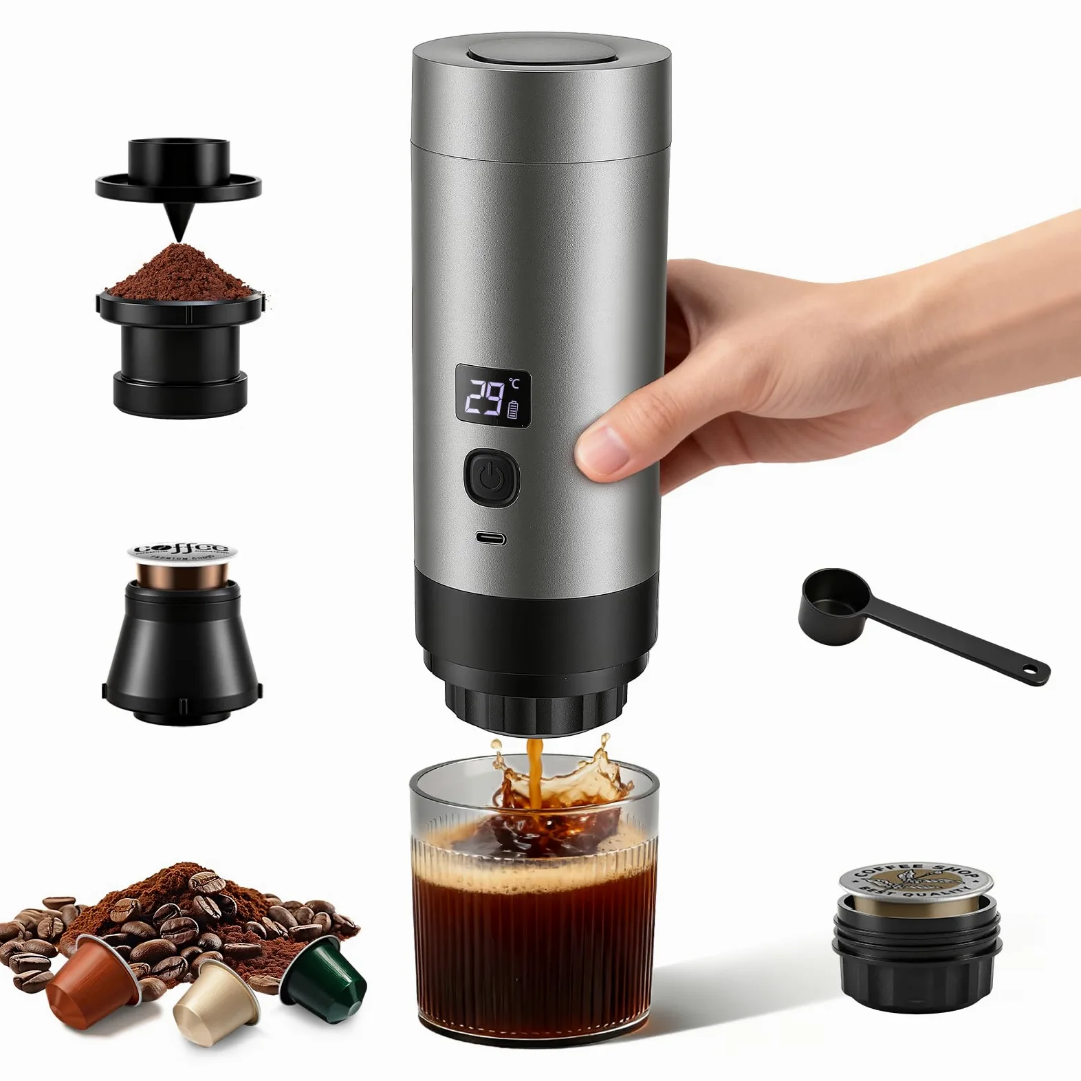 Machine à expresso portable 3 en 1 avec batterie – 20 bars, extraction à froid/chaud, compatible avec capsules et café moulu, USB C, mini machine à café pour camping, voiture, bureau et voyage