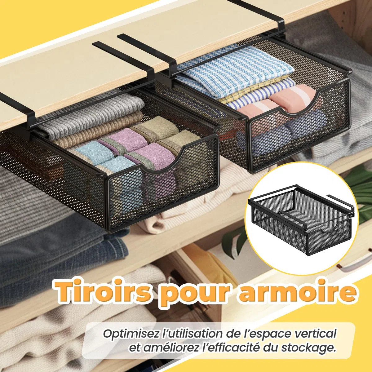 LOVIVER Panier à Tiroir Coulissant Suspendu, Panier de Rangement Coulissant sous Étagère, Organisateur de Rangement sous Armoire, Bureau, Commode, XS