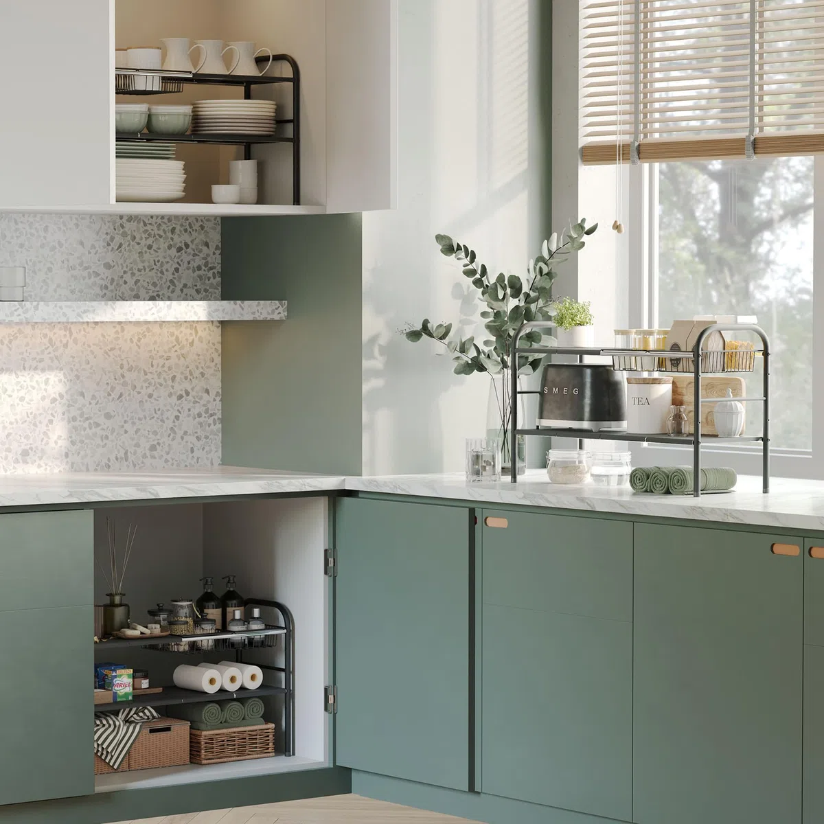 NETEL Organisateur de meuble d'évier, étagère de cuisine extensible avec 6 plaques mobiles et 2 paniers, largeur extensible (52,53-82 cm)