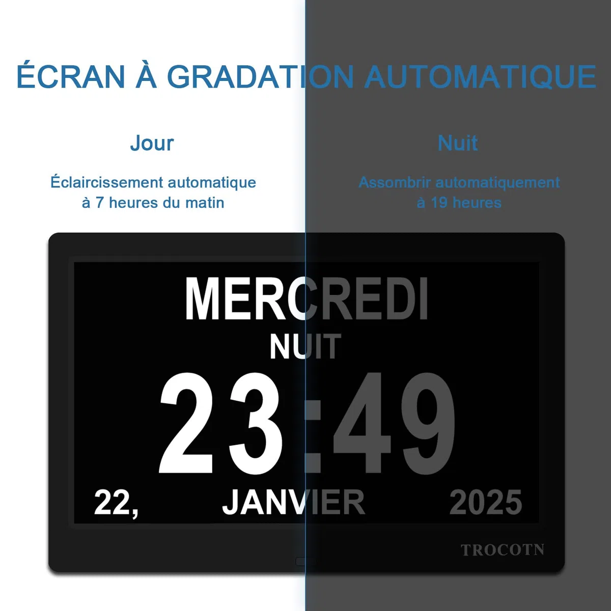 TROCOTN Horloge numérique Horloge de Jour Grand écran réveil Murale (Noir, 10 Pouces)