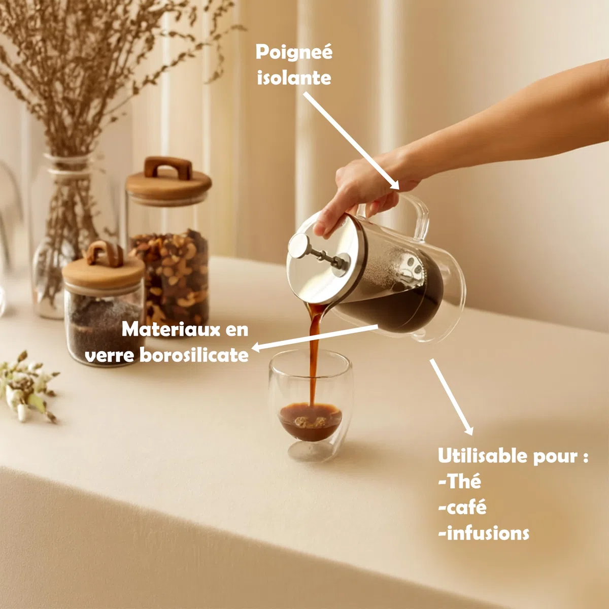 Nuts – Cafetière À Piston Double Paroi 800 ml En Verre Borosilicate | Isolation thermique double paroi, compatible thé et café, lave-vaisselle, base feutrée protectrice