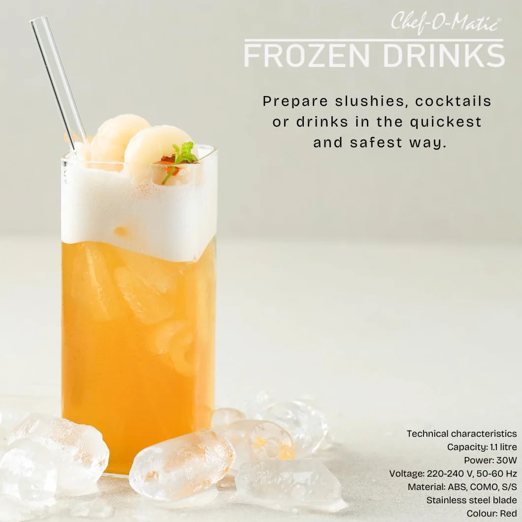 Hachoir à glace électrique Frozen Drinks, lame en acier inoxydable, capacité 1,1 L, granités, cocktails, boissons froides, combinés, yaourt glacé, 30 W, haché fin et épais.