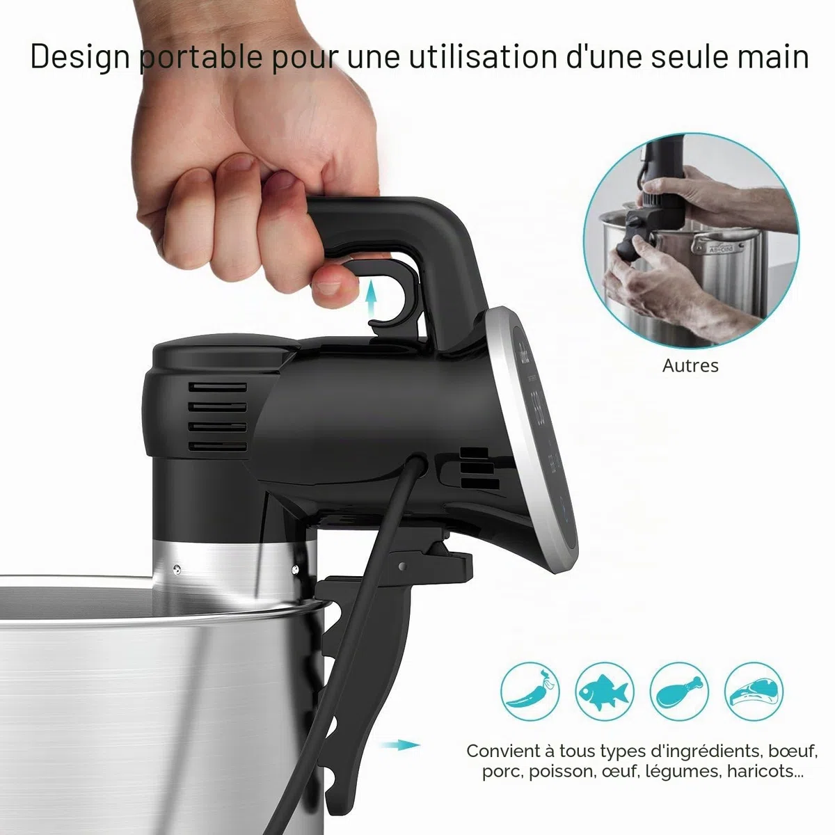 Cuiseur Sous Vide, Wancle Cuisson Sous Vide, 850 W, contrôle précis (+/- 0,1С), silencieux, fonctionnement à une main