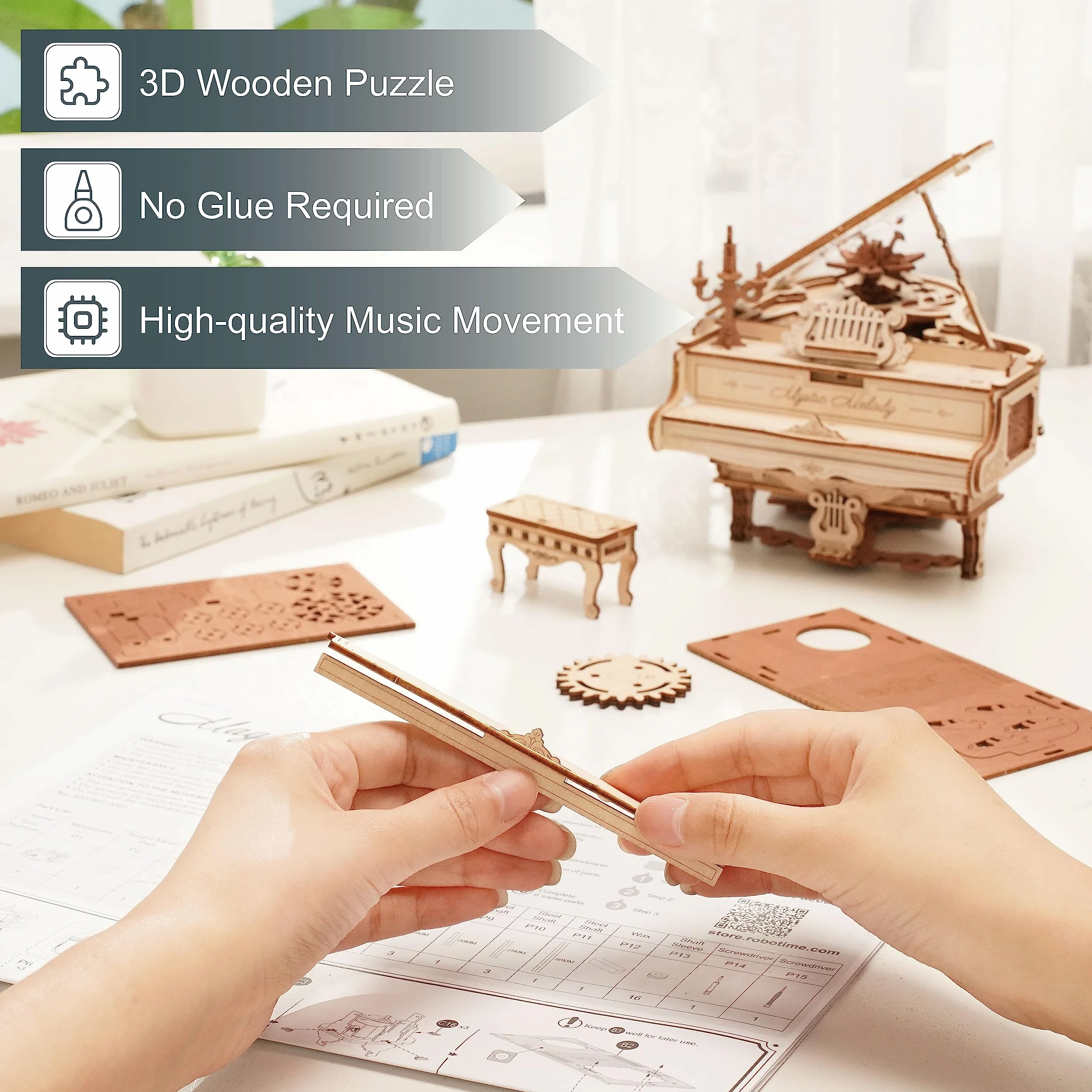 ROKR Maquette en Bois a Construire Puzzle en Bois 3D Adulte Boîte à Musique Piano Magique Maquette Mécanique Jeux de Construction pour Adultes 3D Cadeaux d'anniversaire Noël 223pcs,Magic Piano