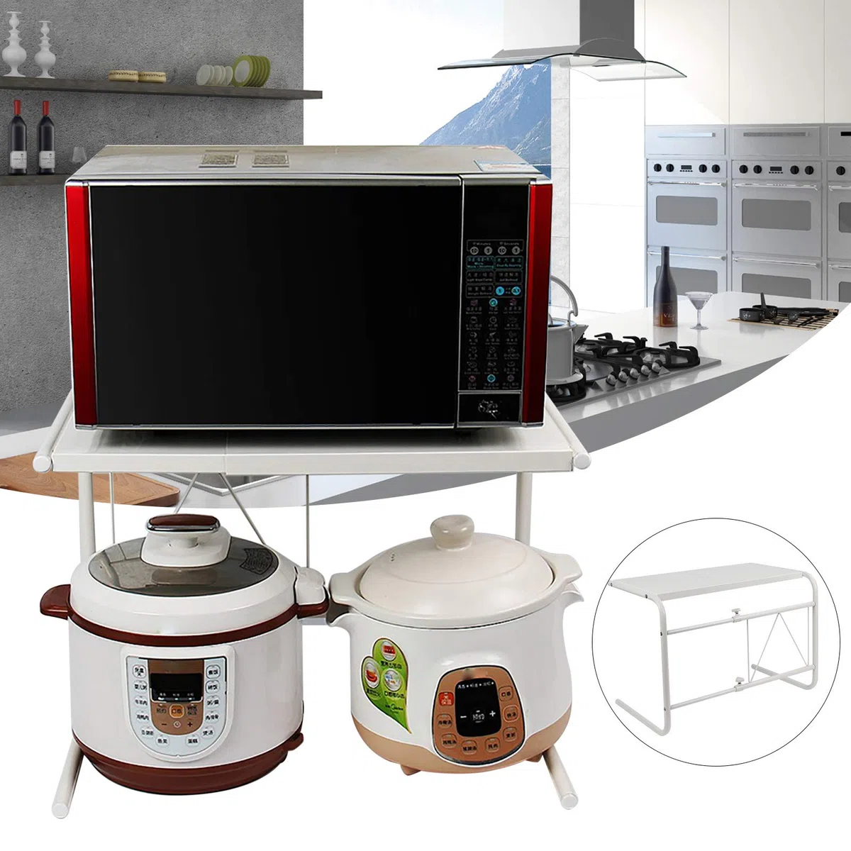 Étagère à micro-ondes extensible à 2 niveaux en acier au carbone Étagère de cuisine extensible Support micro-ondes multifonction Étagère de cuisine Organisateur