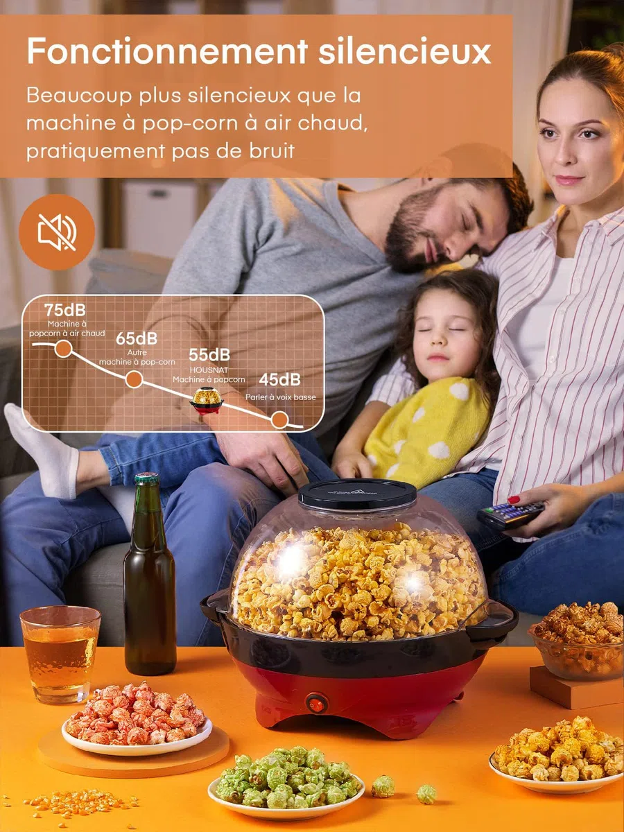 HOUSNAT Machine à pop-corn - Grande capacité de 5,5 l - 800 W - Avec revêtement antiadhésif et surface chauffante amovible - Silencieuse et rapide