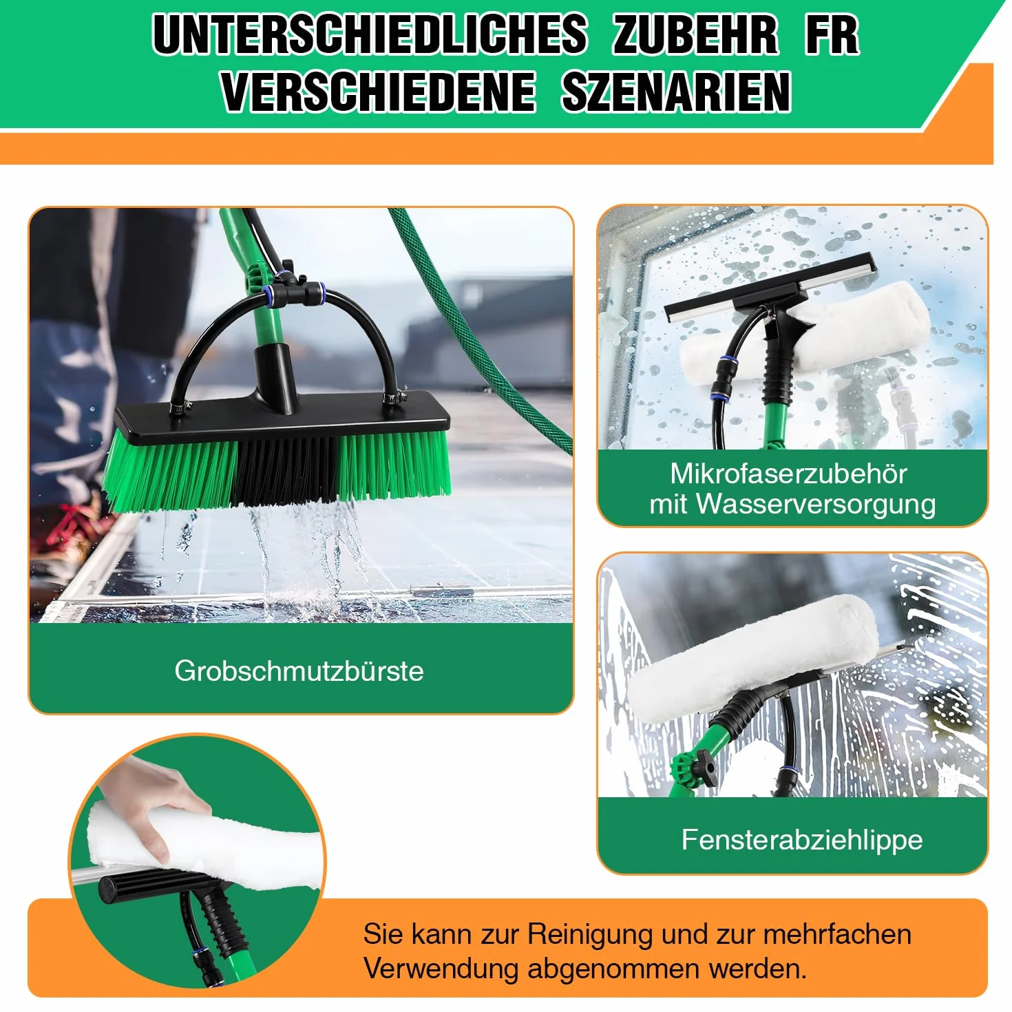 Brosse de lavage télescopique 3,6 m, avec manche télescopique en aluminium, brosse télescopique avec raccord d'eau, nettoyage des installations PV, brosse télescopique, avec poils souples