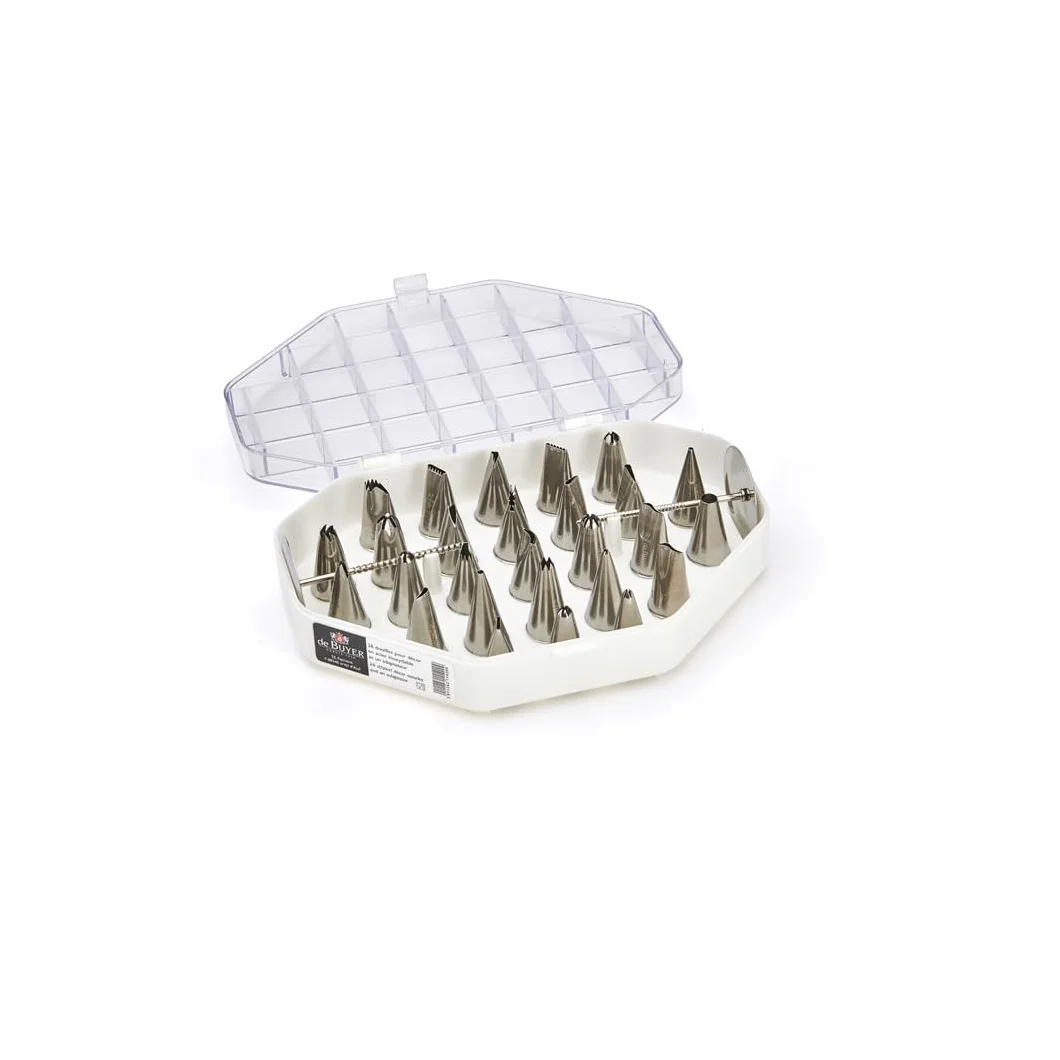 De Buyer - Coffret de 26 douilles en inox spéciales décor - 19,2 x 14 cm - Inox de Qualité Professionnelle, Soudure pour Hygiène Parfaite, S'Adaptent aux Poches Pâtissières