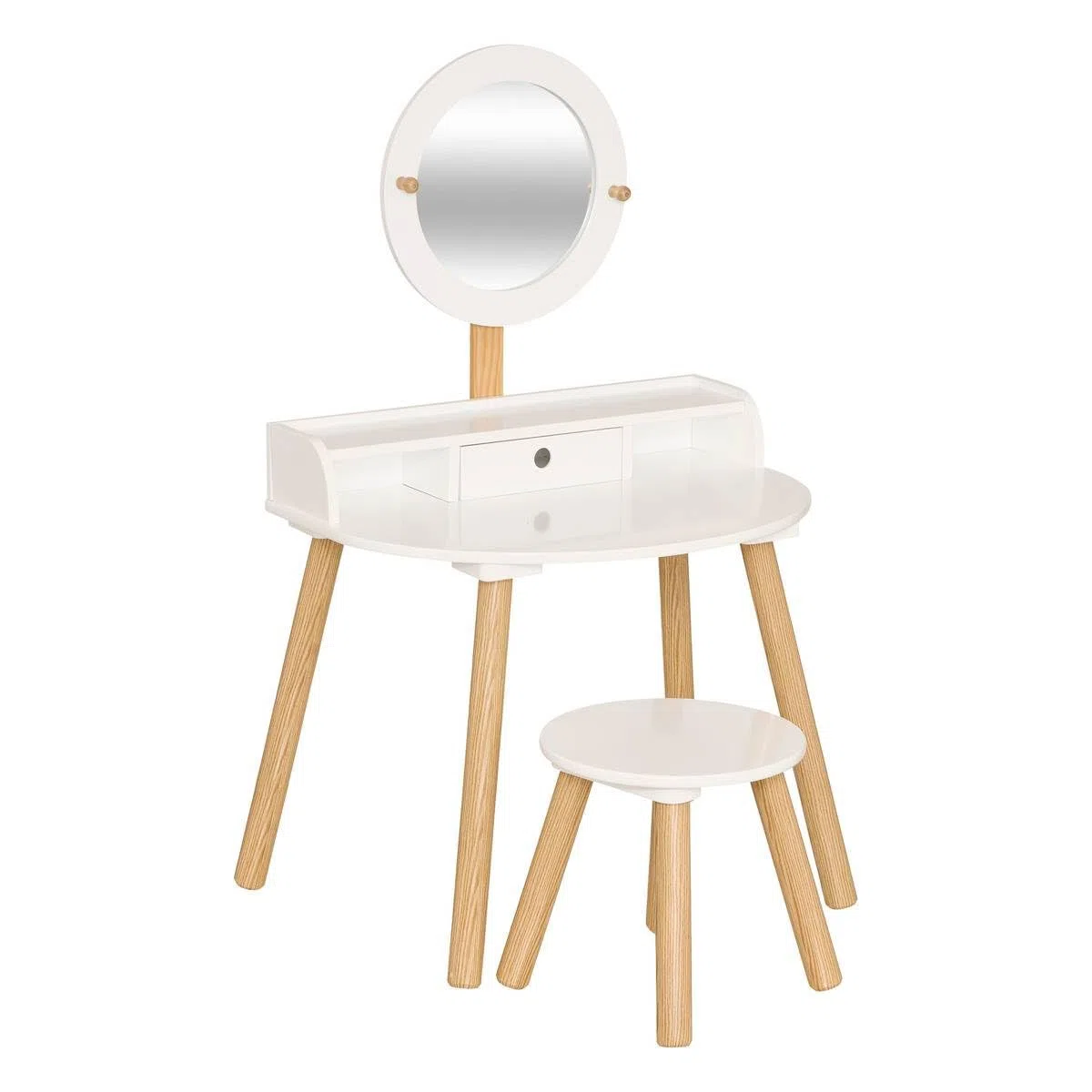 Atmosphera - Coiffeuse Enfant Bella - Blanc et Bois, L 61 x P 42 x H 89 cm, avec Tabouret, Miroir et Tiroir - pour Chambre d'enfant