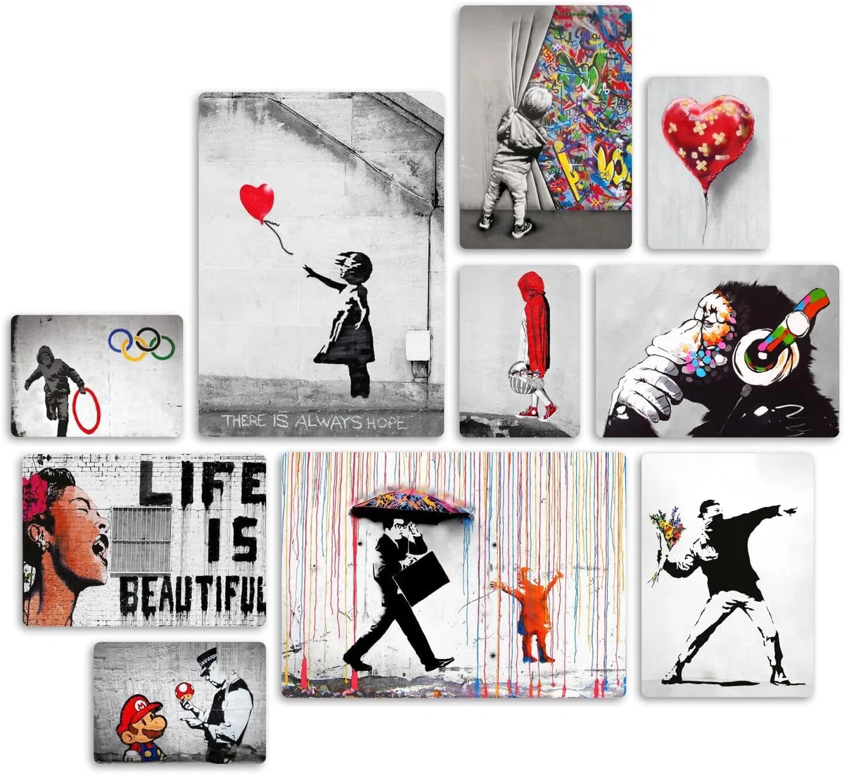 Giallobus - Ensemble de 10 peintures multi-panneaux - Banksy - Collection 1 - Bois MDF - - 2 x 42x29,7cm - 4 x 29,7x21cm - 4 x 21x14,85cm - - Prêt à accrocher - Tableaux