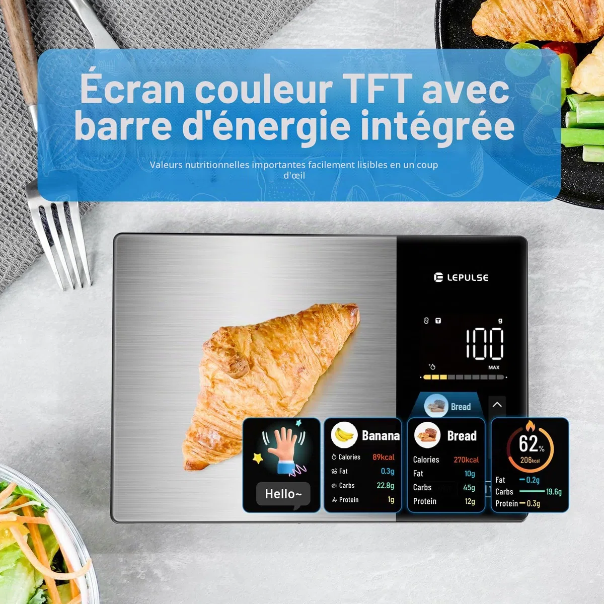 Balance de cuisine numérique avec calcul des valeurs nutritionnelles, balance alimentaire avec 24 analyses nutritionnelles, balance alimentaire en acier inoxydable de 5 kg, écran couleur TFT, 50 hors
