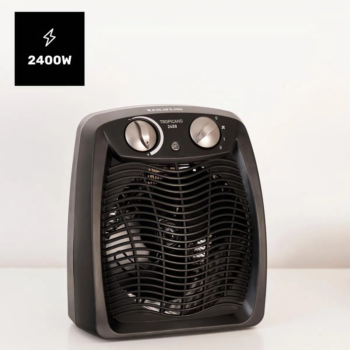 Taurus Tropicano 2400 - Radiateur soufflant 2400W, 3 positions froid/Chaud, Surface jusqu'à 24m2, Thermostat réglable, Fonction ventilateur, Témoin lumineux de fonctionnement, Noir
