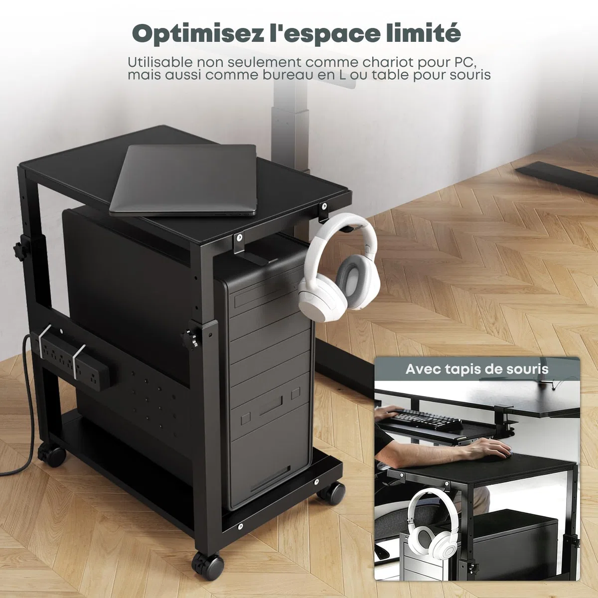 Support Tour PC avec roulettes - 2 étages Support unité Centrale avec roulettes et Tapis de Souris, Hauteur réglable de 52 cm à 77 cm, pour Gaming, Bureau, Maison, Charge Max 40 kg/Niveau, Noir