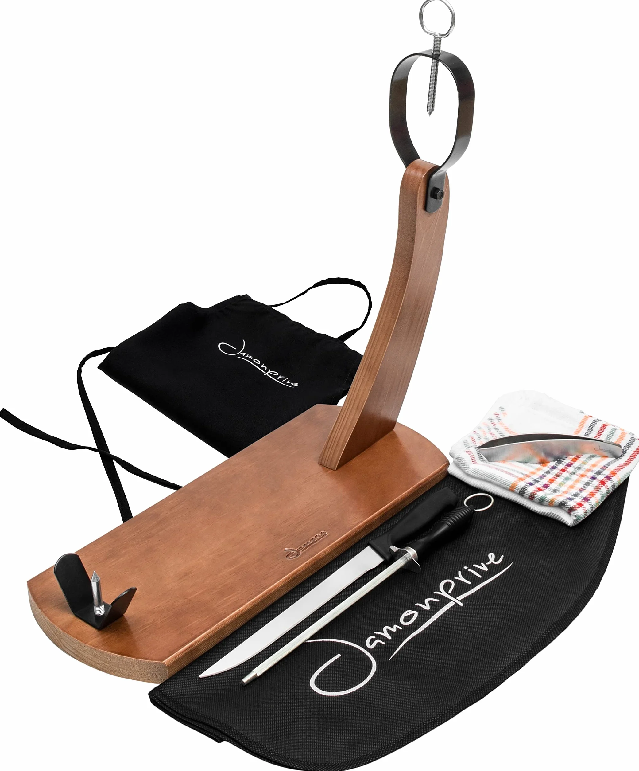 Jamonprive Support à Jambon Professionnel Laqué avec Couteau + Fusil à Aiguiser + Couvre Jambon + Torchon + Tablier + Pinces - Porte-Jambon Idéal pour le Jambon Serrano, Ibérique et le Prosciutto