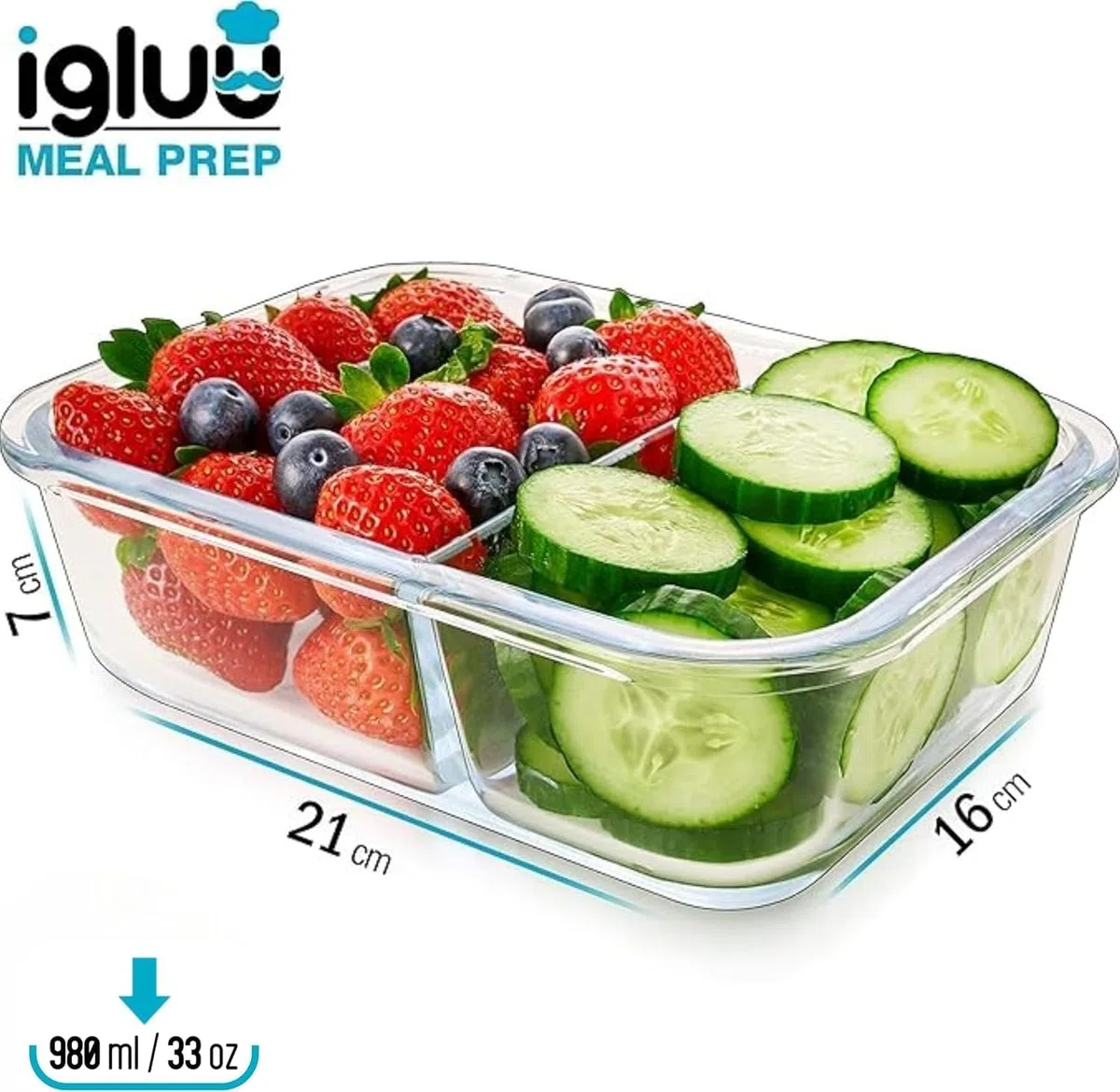 Igluu Meal Prep Boîtes Repas en Verre à 2 compartiments (Lot de 3) – Couvercle hermétique et sans BPA – Compatibles micro-ondes, four, congélateur et lave-vaisselle – 980 ml – Verre Borosilicate
