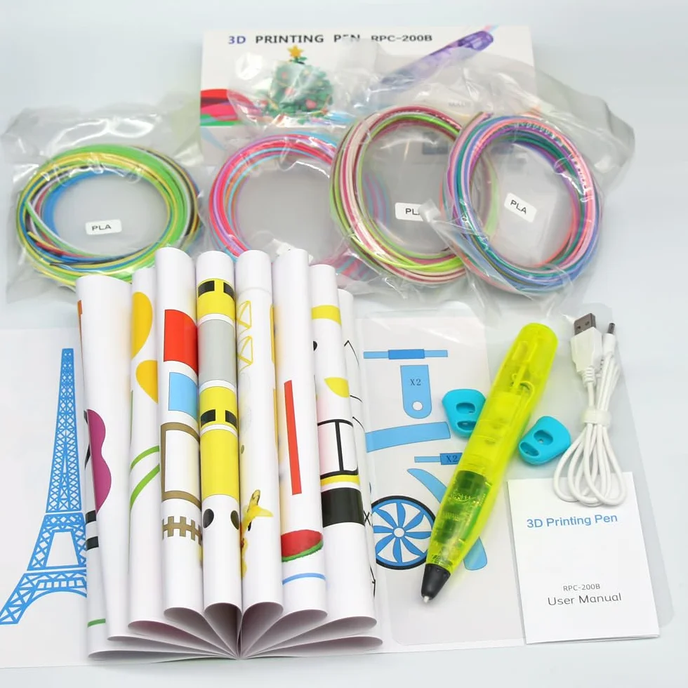 Stylo 3D pour enfants, filament PLA 24 couleurs, stylo d'impression 3D avec bouton de contrôle, câble USB, protection 2 doigts, pochoirs, support de dessin
