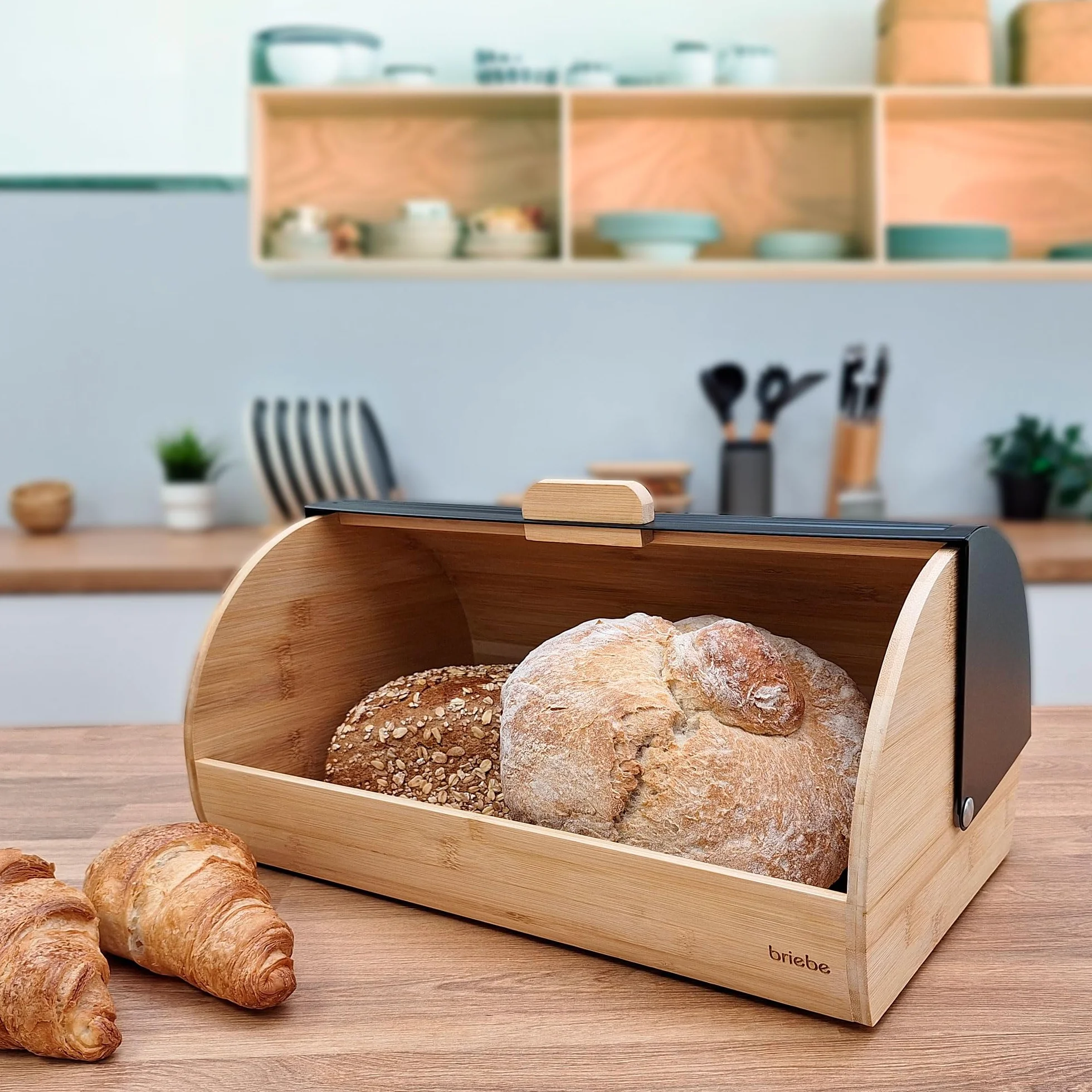 briebe Nordic Boîte à Pain en Bois de Bambou, Couvercle Coulissant pour Conserver le Painen, Bread Box pour le Rangement des Viennoiseries, Design Nordique Moderne, Noir