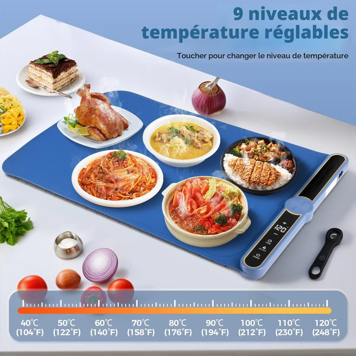 Chauffe Plat Electrique,avec 9 températures,6 réglages de minuterie,Chauffe Plat Portable en Silicone Enroulable avec Sécurité Enfant,Chauffage la Surface en 5s,pour Buffets Fêtes Banquet, Beige