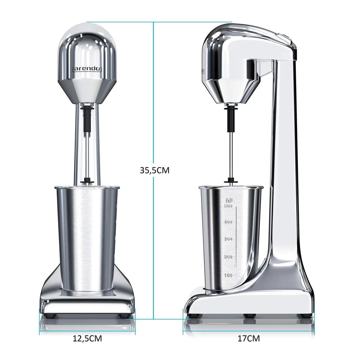 Arendo - Mixeur mélangeur de boissons, Mixer Plongeantblender shaker, Mixeur électrique cuisine, 2 vitesses 22.000 tr/min, Récipient 500ml inox, pour boissons protéinées Smoothies Milkshakes Cocktails