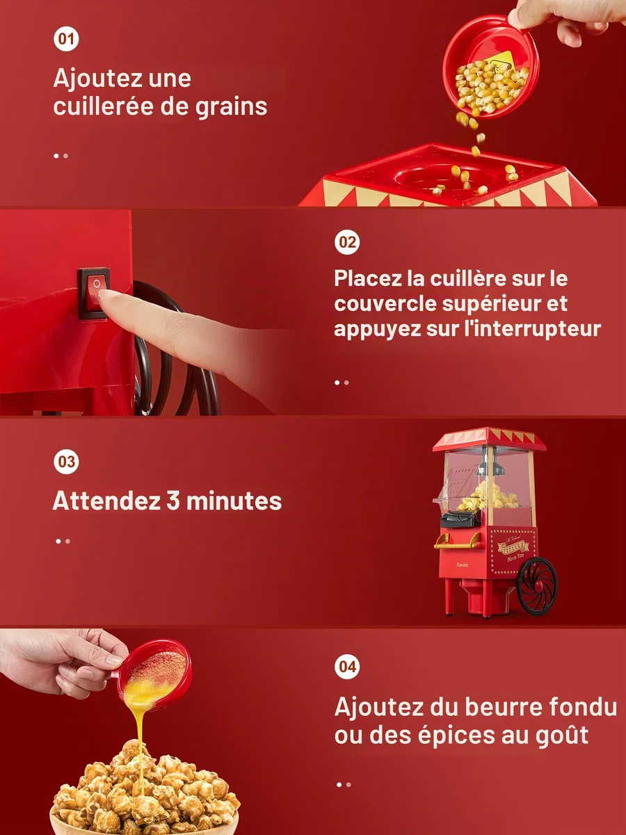 Machine à popcorn, Reemix 1200W Machine à popcorn électrique, Sans huile, Popcorn frais fait maison en moins de 3 minutes, Utilise de l'air chaud, Couvercle détachable, Fêtes, Soirées cinéma, Rouge