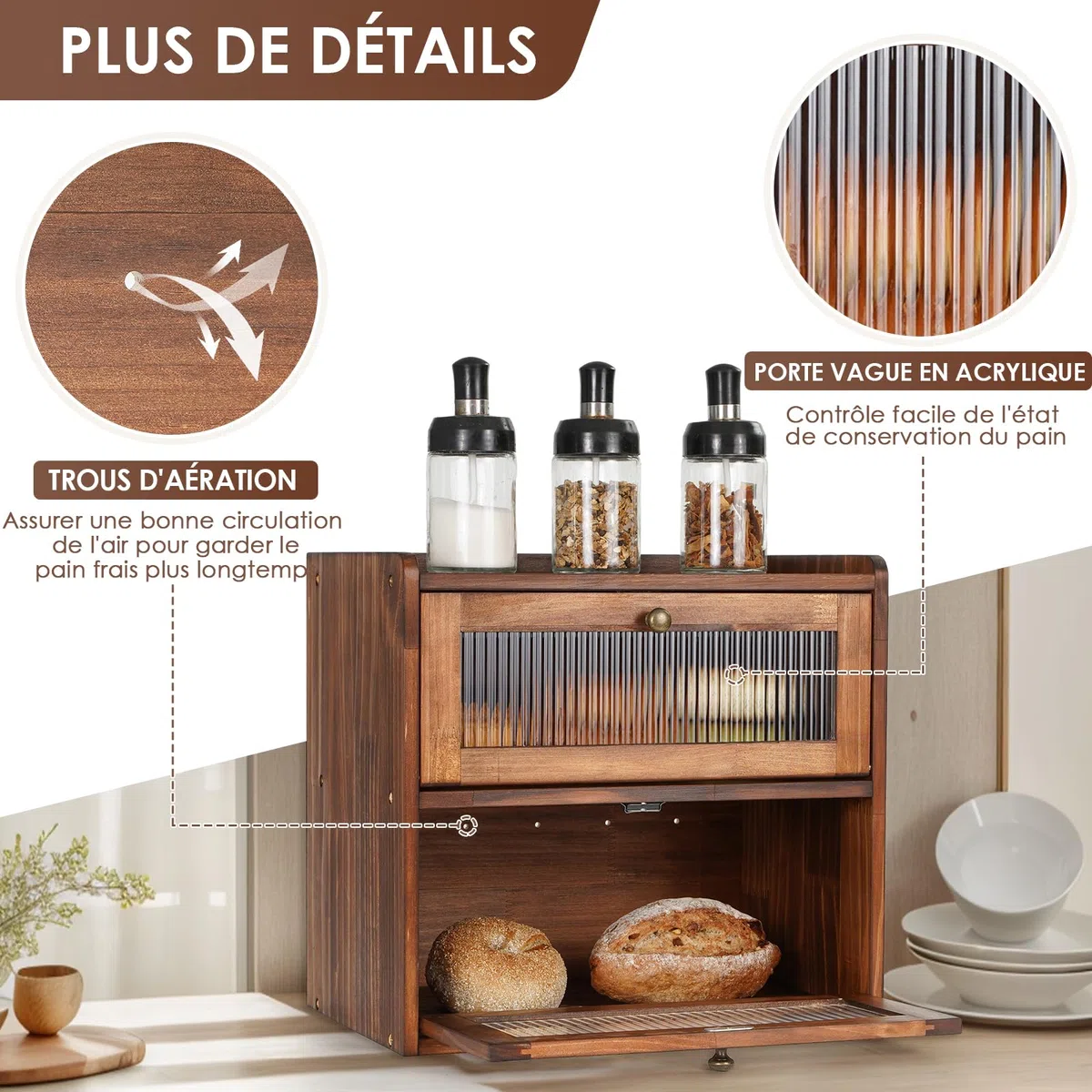 GUUSII HOME Boîte à pain en bois pour comptoir de cuisine, grand récipient alimentaire fait maison avec ouverture frontale vintage pour fruits et légumes, 36,5 x 24 x 34 cm (marron, L)