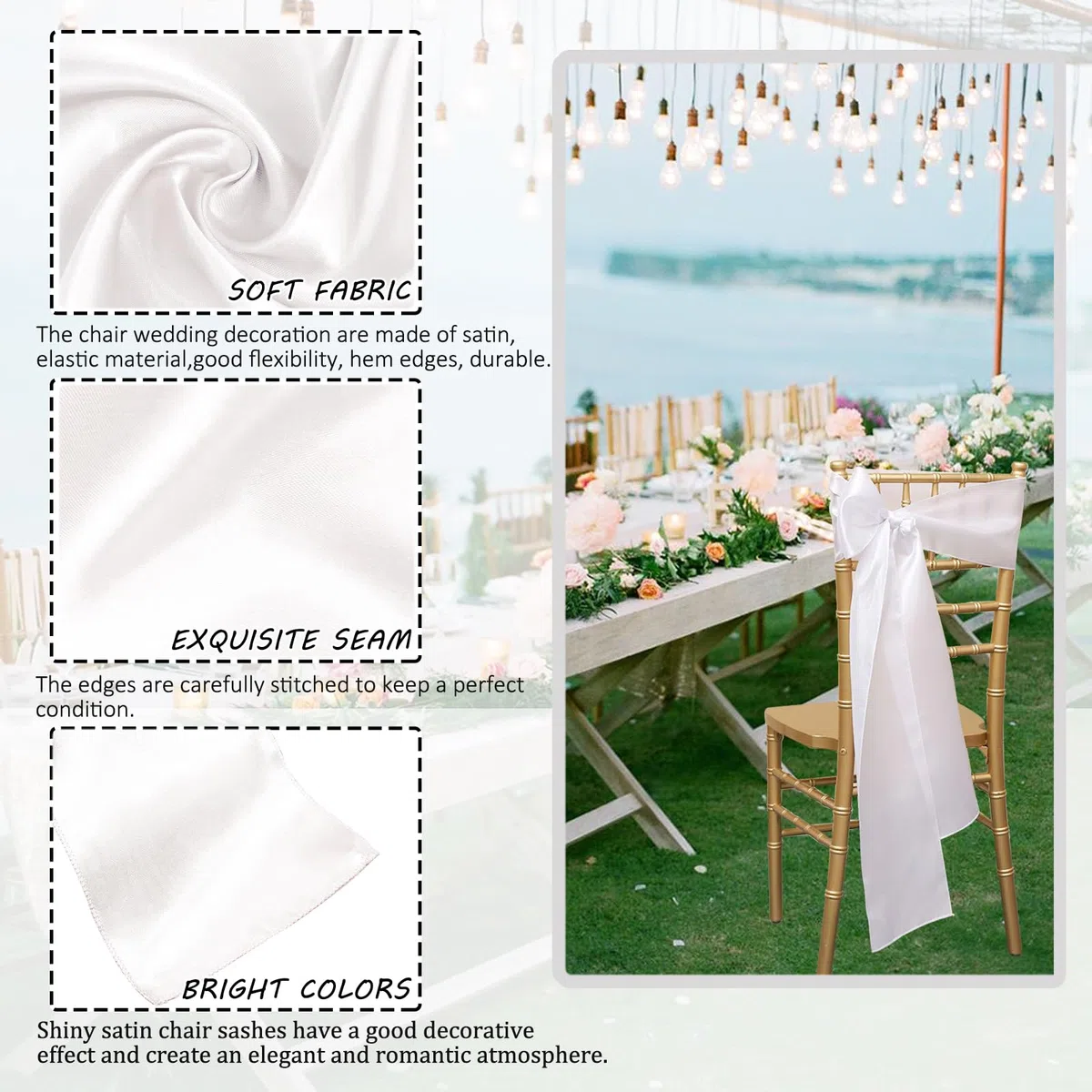 Lot De 50 Écharpes de Chaise En Satin Vert Sauge Chaise-Décorative Arc Conçu Pour Chaise De Mariage, Anniversaire, Banquet, Fête (Blanc)