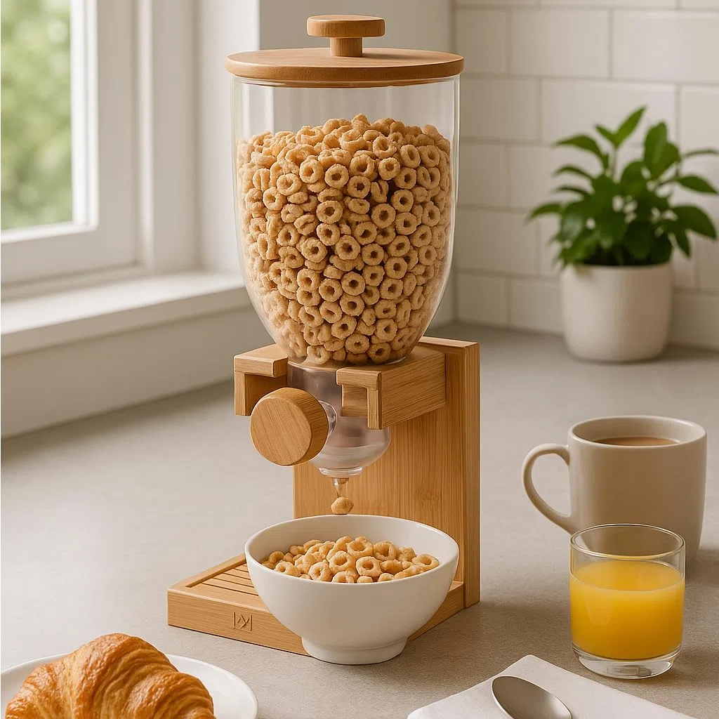 Honey-Can-Do Distributeur de céréales en bambou avec couvercle hermétique – Distributeur de nourriture sèche de comptoir pour l'organisation de la cuisine – Récipient à céréales écologique pour