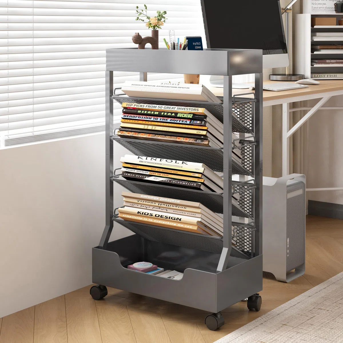 Bibliothèque mobile avec roue, organisateur de bureau, étagère de bureau, chariot à livres, porte-revues, grande capacité, gris