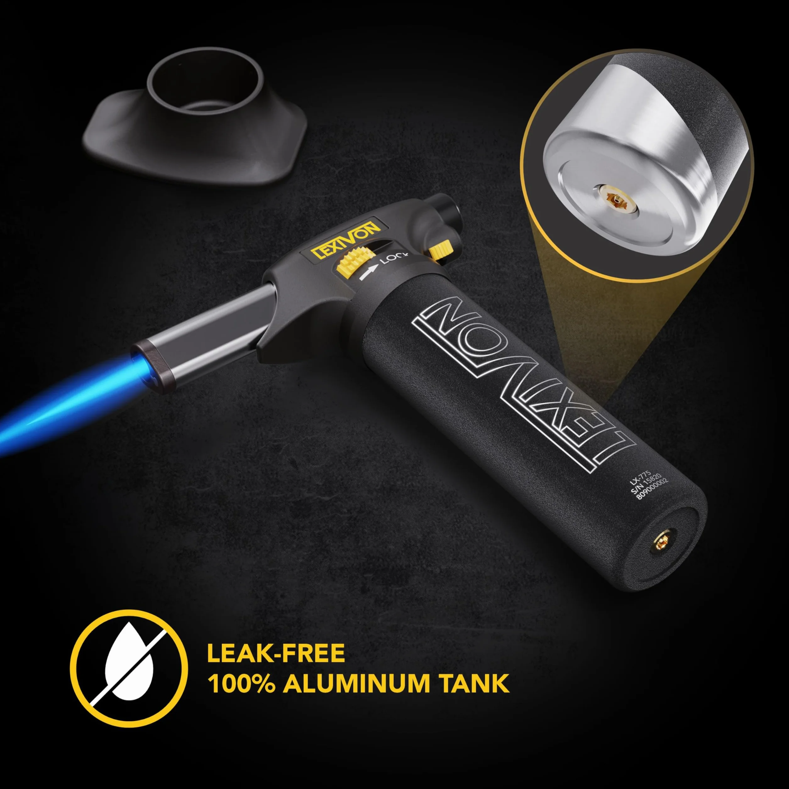 LEXIVON Chalumeau de Cuisine au Butane, Rechargeable | Allumage Automatique avec Verrou de Sécurité et Flamme Réglable | Réservoir en Aluminium de Qualité Professionnelle (LX-775)