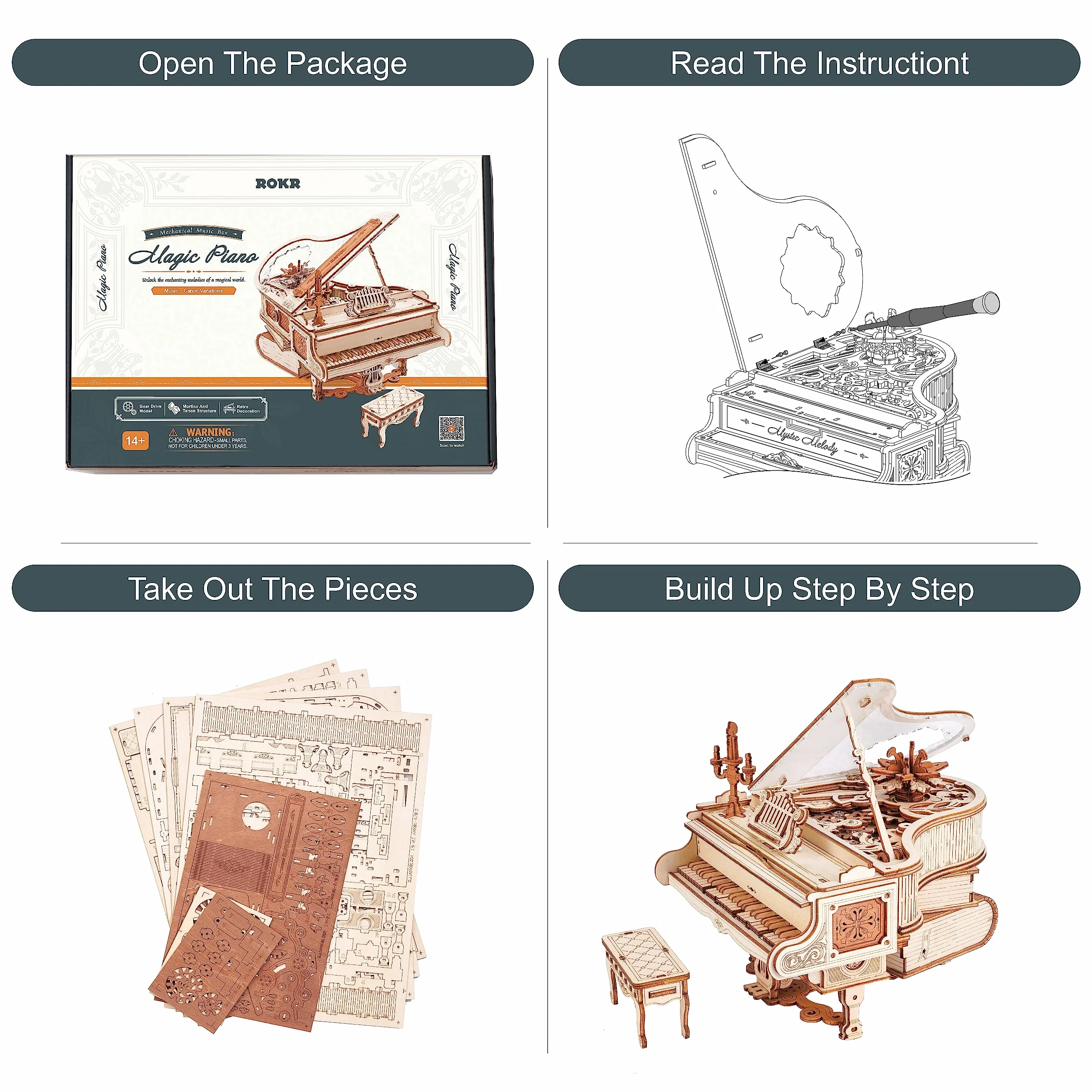 ROKR Maquette en Bois a Construire Puzzle en Bois 3D Adulte Boîte à Musique Piano Magique Maquette Mécanique Jeux de Construction pour Adultes 3D Cadeaux d'anniversaire Noël 223pcs,Magic Piano