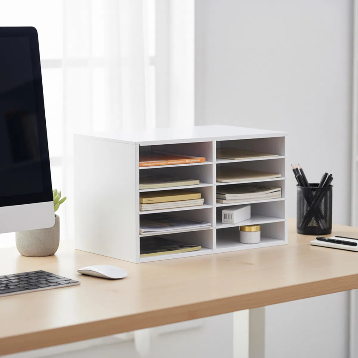 Relaxdays Documentation en Bambou, A4, 10 Compartiments, Bureau, H x L x P 31 x 49 x 31 cm, Organiseur, Blanc