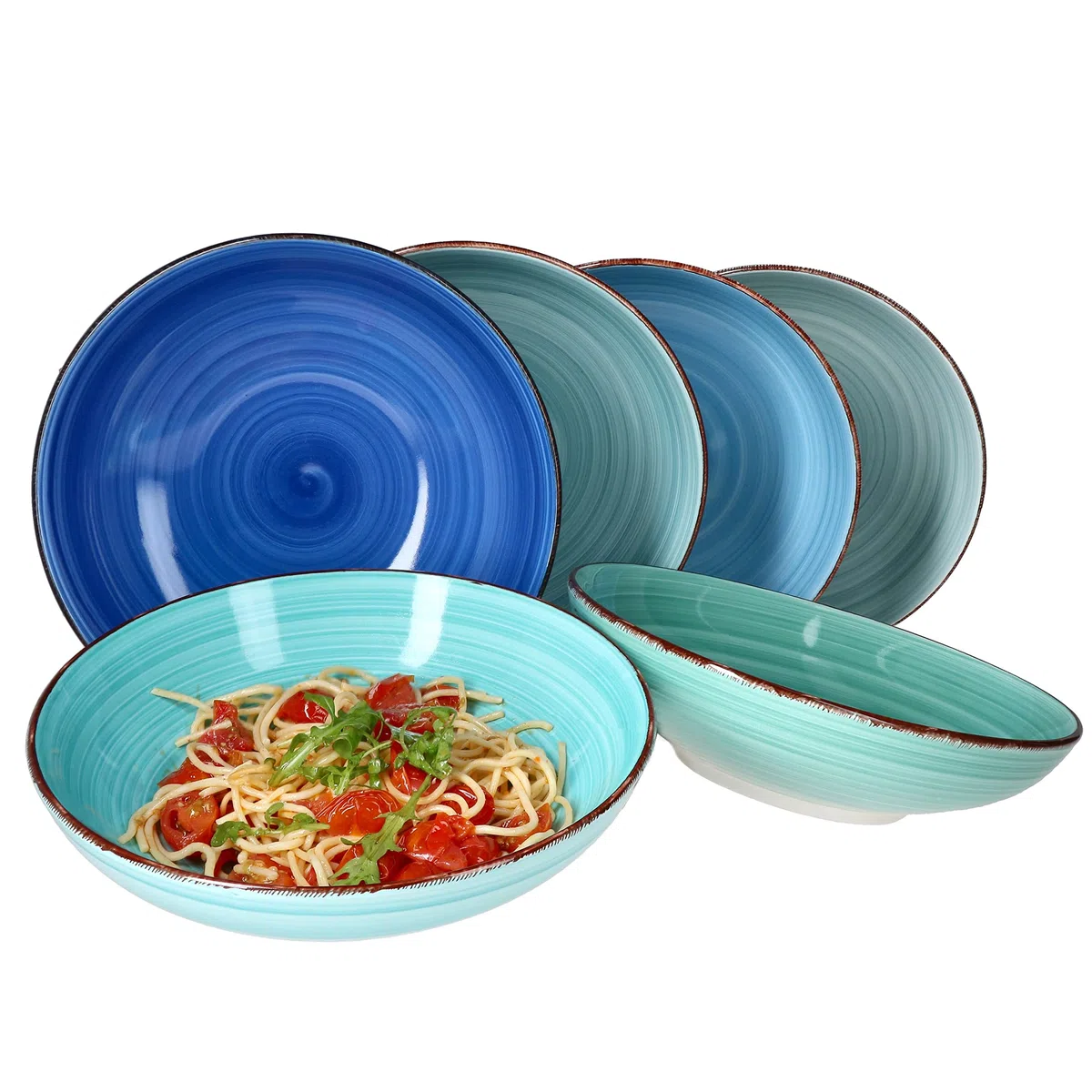MamboCat Blue Lot de 6 assiettes à spaghetti profondes I Ø 23,5 cm I 800 ml I 6 personnes I Grande assiette à pâtes maritimes Assiette à soupe Bol de service I Vaisselle en grès