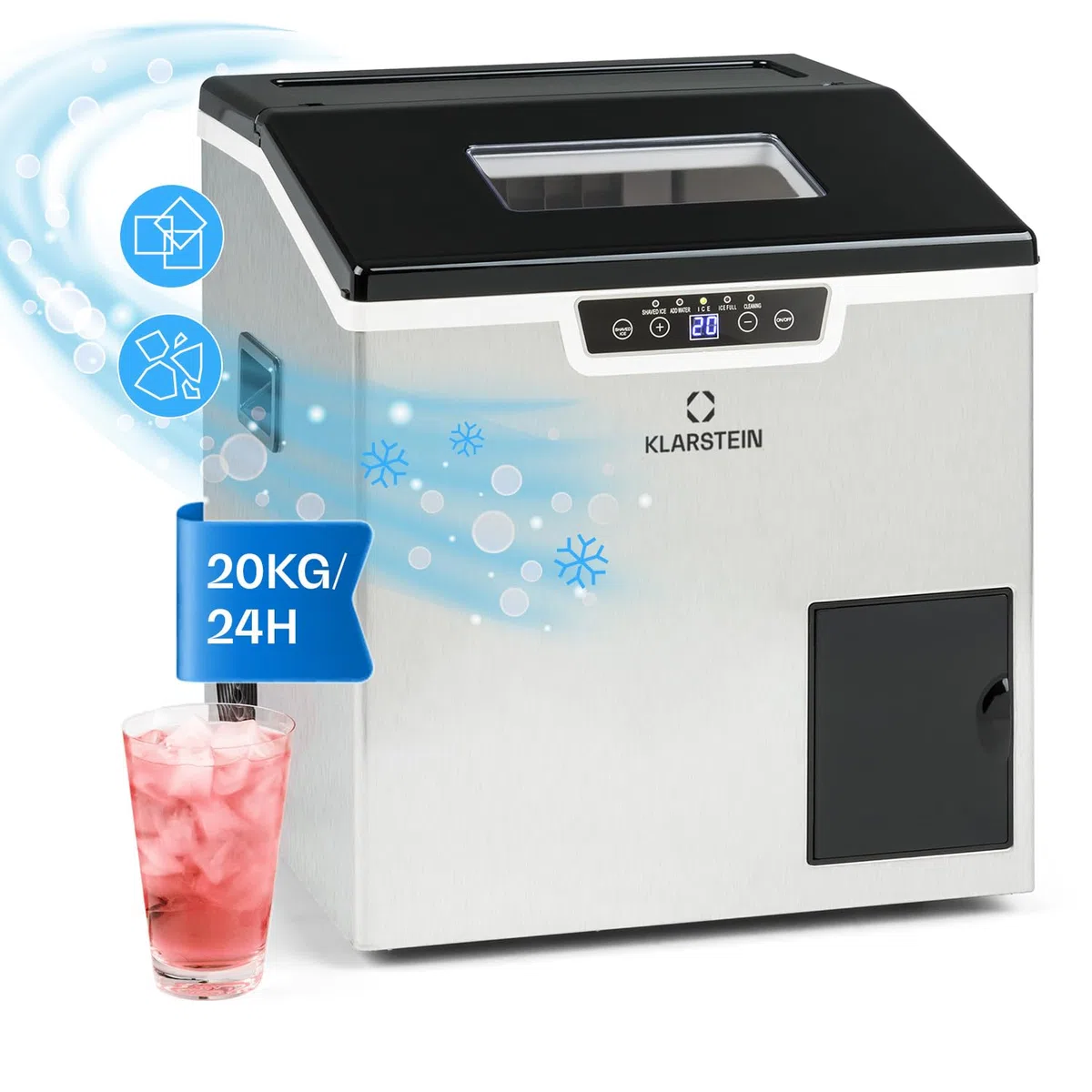 Klarstein Machine a Glacons pour la Maison, Capacité de 3L, Fabrique Rapidement Jusqu'à 20kg de Glacons Concassée ou en Balles, Machine à Glaçons, Ice Maker avec Alarme Securité et Autonettoyante