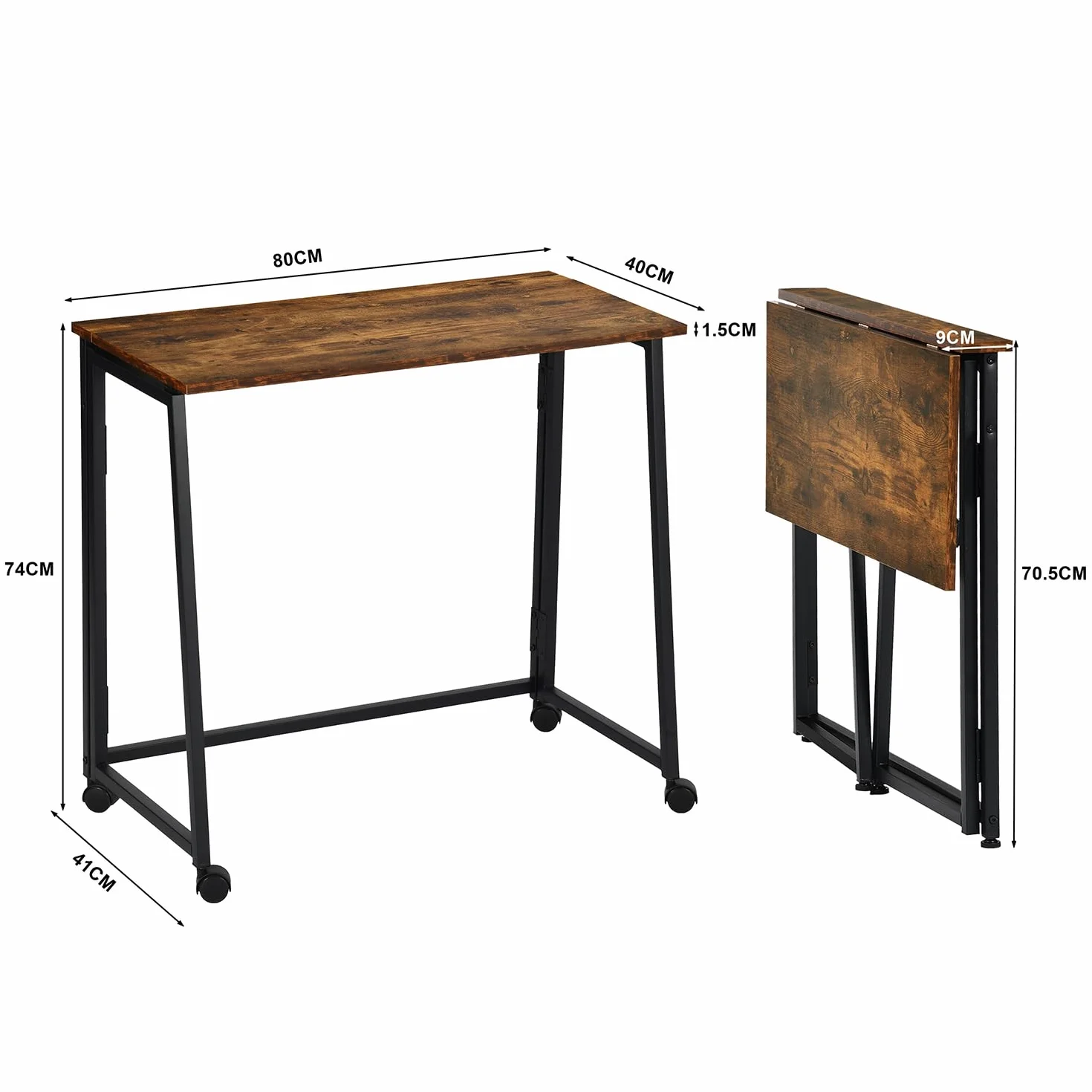Meuble Cosy Bureau Pliant avec 4 roulettes pour Petits Espaces Table d'Ordinateur Pliante pour Domicile Poste de Travail Chambre Salon, Style Industriel, Cadre en Métal, Marron
