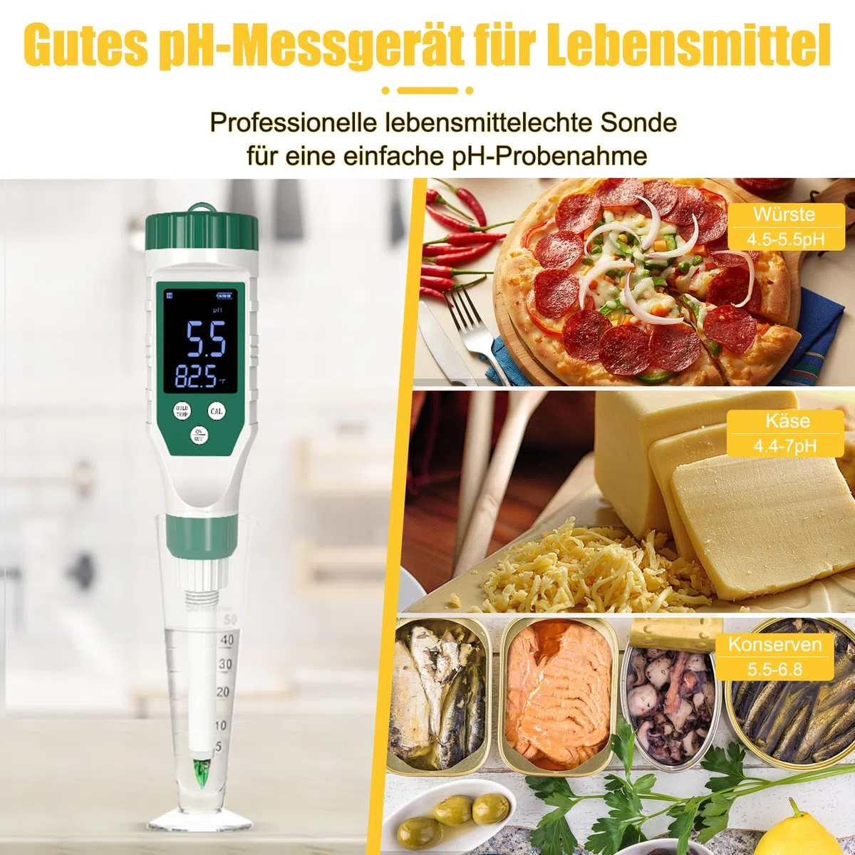 pH-mètre, Testeur de pH Numérique pour Aliments avec Sonde de Haute Précision, pH-mètre Étanche pour Viande, Pain, Fromage, Pâte, Crème et Eau