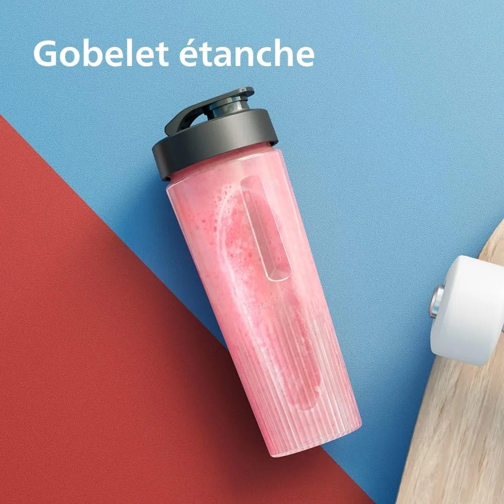 Philips Blend & Go Série 3000 Mini Blender Smoothie – 350W, Gobelet 0,6L, Lames Détachables 4 Branches, 2 Vitesses, Compatibles Lave-vaisselle, Technologie ProBlend, Compact, Argent (HR2671/00)
