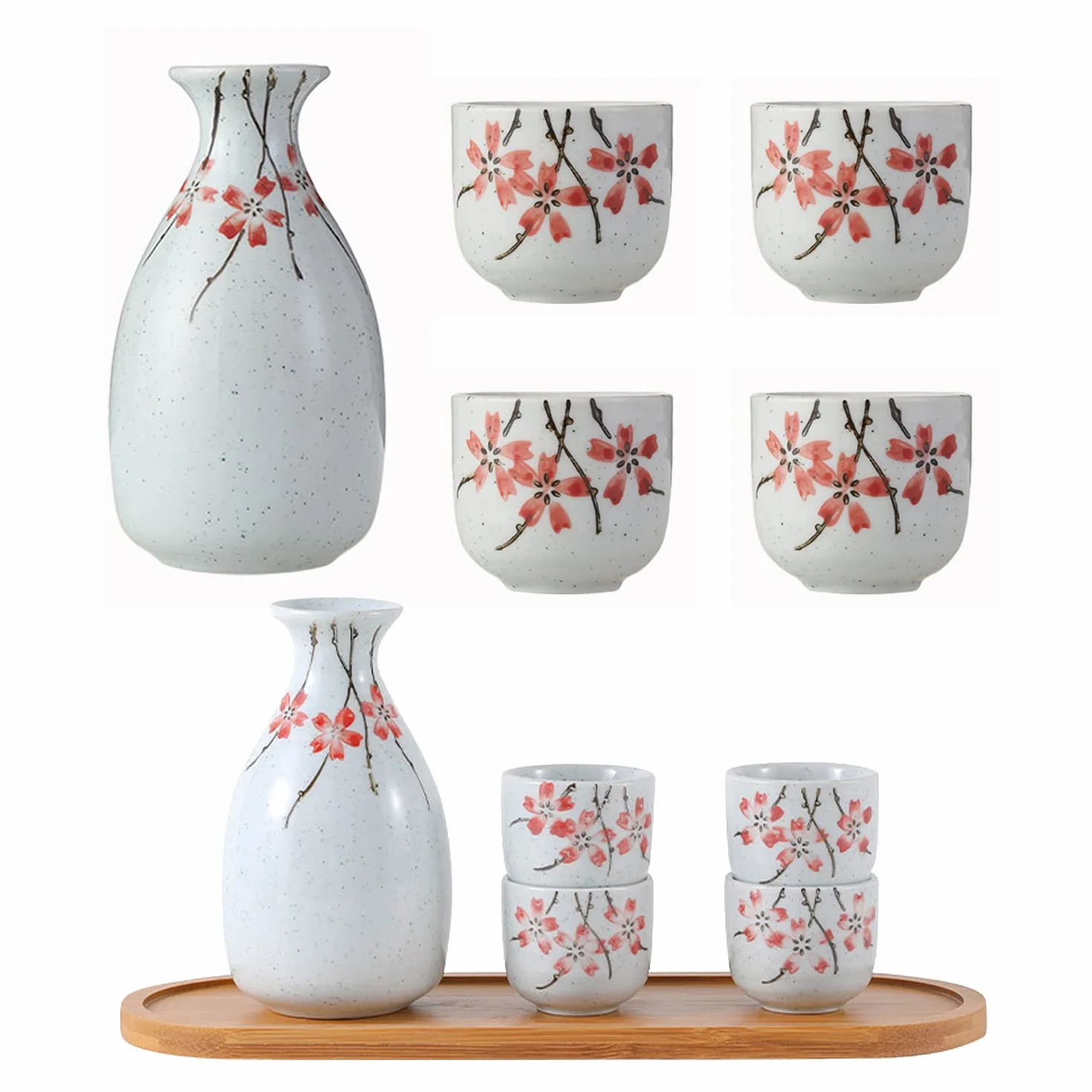 Service à Saké Japonais, 5PCS Bouteille de Saké, 1 Pichet et 4 Tasses, Ensemble pour Famille et Restaurant